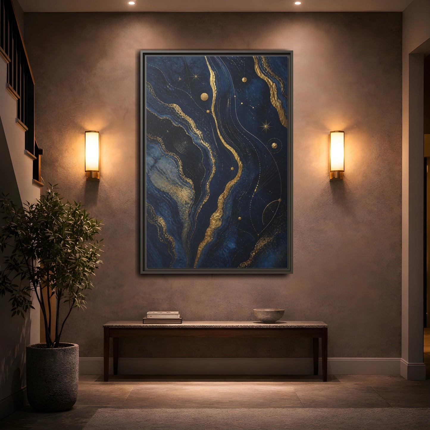 Mockup 2. Abstract Abstract Swirls Navy And Gold shown as stretched canvas wall art