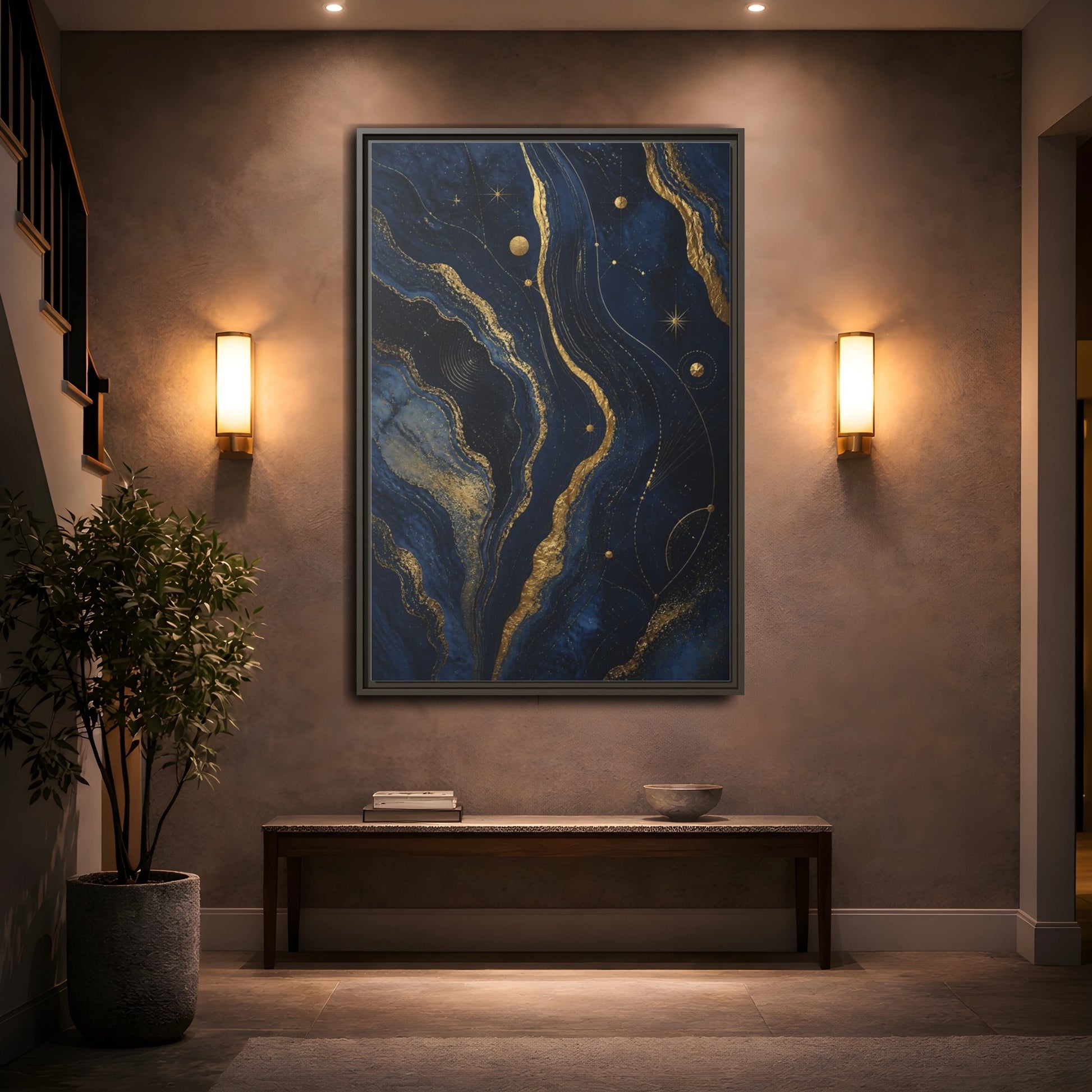 Mockup 2. Abstract Abstract Swirls Navy And Gold shown as stretched canvas wall art