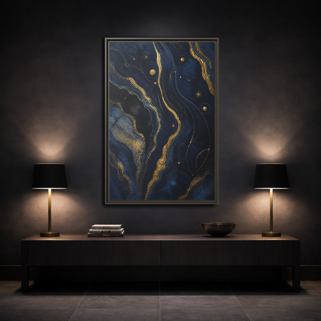 Mockup 3. Abstract Abstract Swirls Navy And Gold shown as stretched canvas wall art