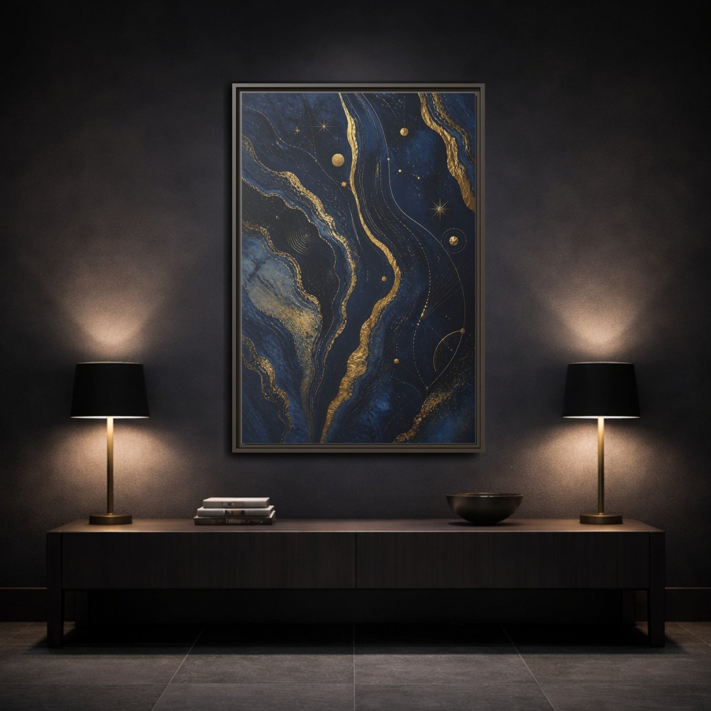Mockup 3. Abstract Abstract Swirls Navy And Gold shown as stretched canvas wall art