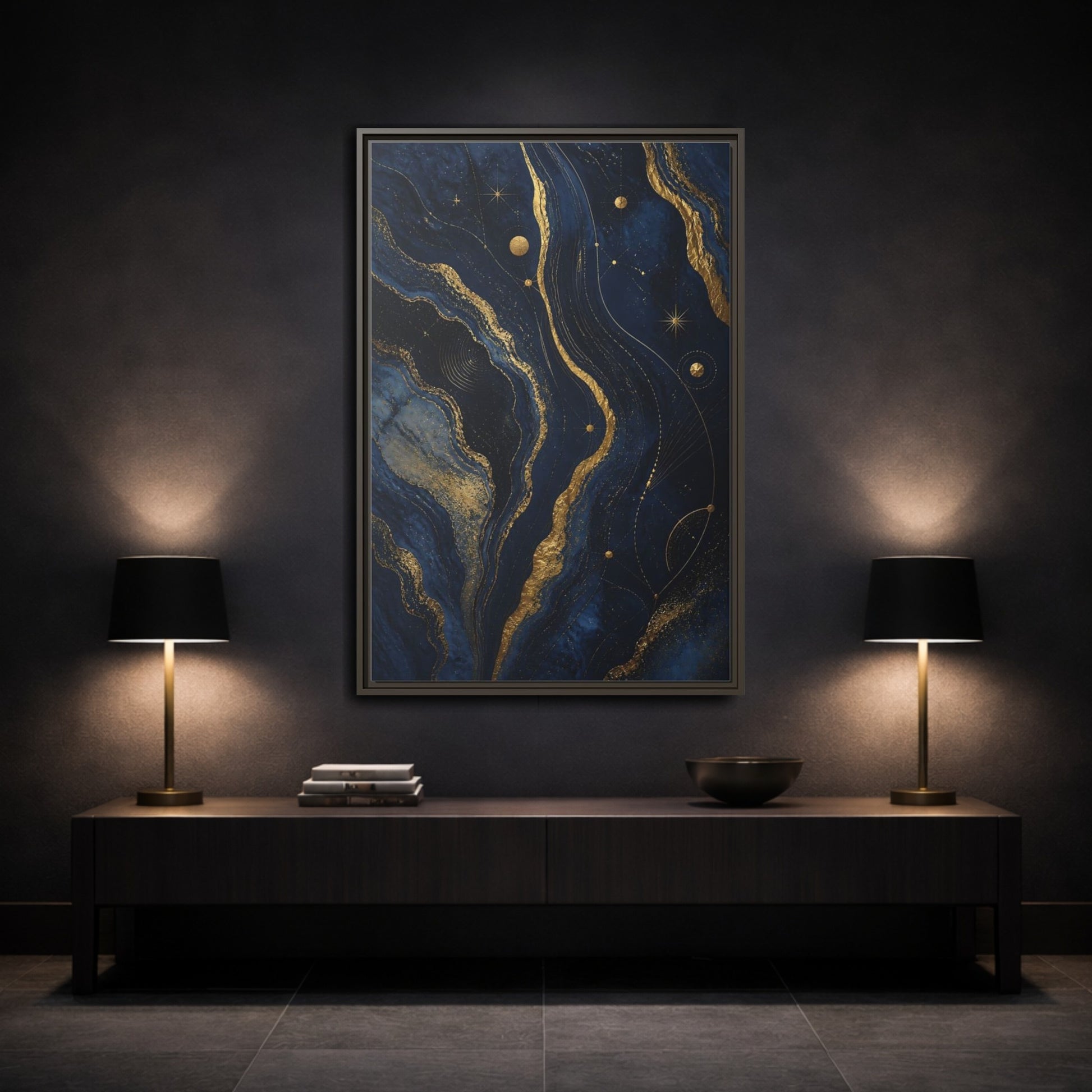 Mockup 3. Abstract Abstract Swirls Navy And Gold shown as stretched canvas wall art
