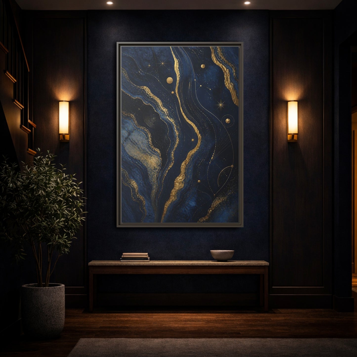 Mockup 4. Abstract Abstract Swirls Navy And Gold shown as stretched canvas wall art