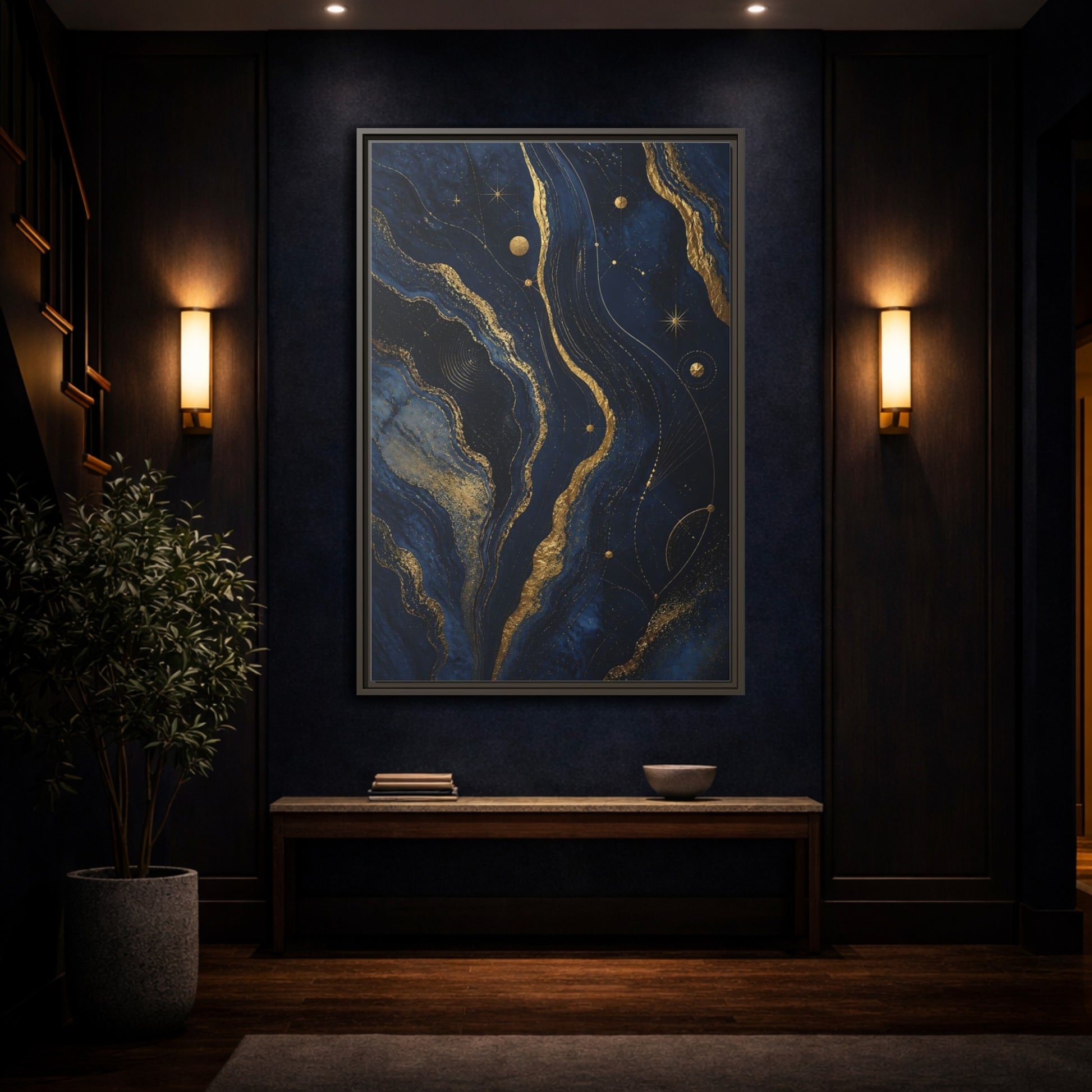 Mockup 4. Abstract Abstract Swirls Navy And Gold shown as stretched canvas wall art