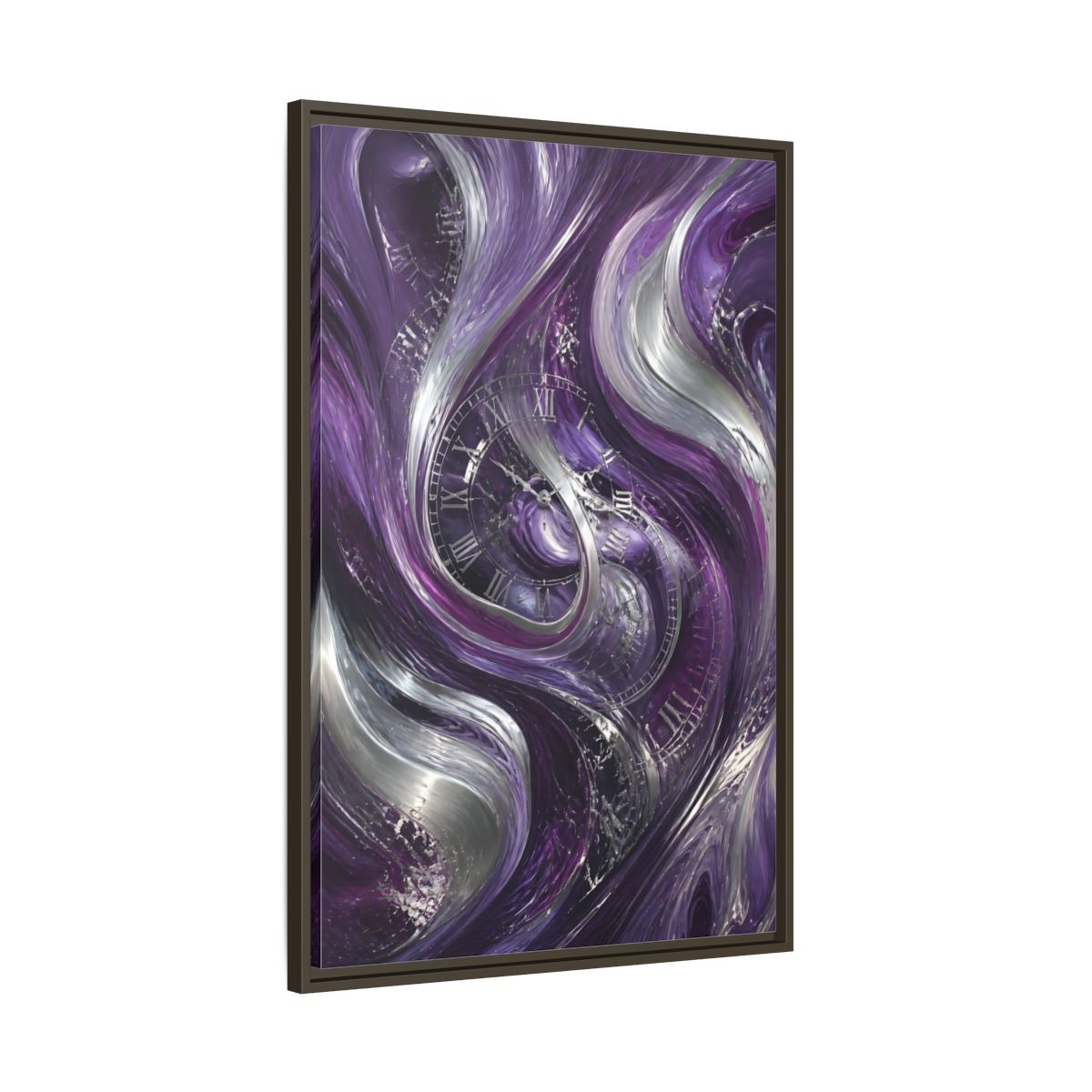 Main Mockup. Abstract Abstract Swirls Purple And Silver shown as stretched canvas wall art