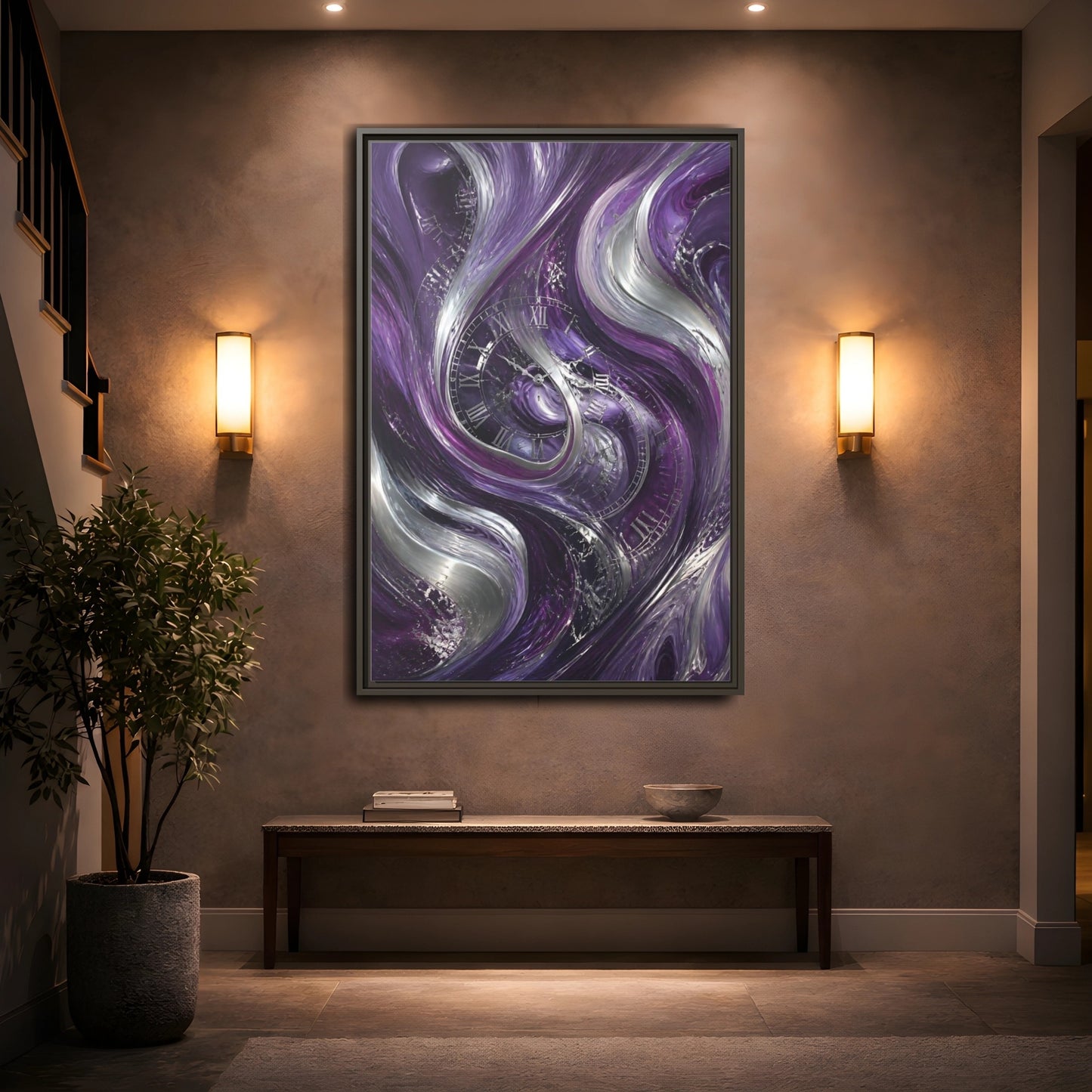 Mockup 2. Abstract Abstract Swirls Purple And Silver shown as stretched canvas wall art