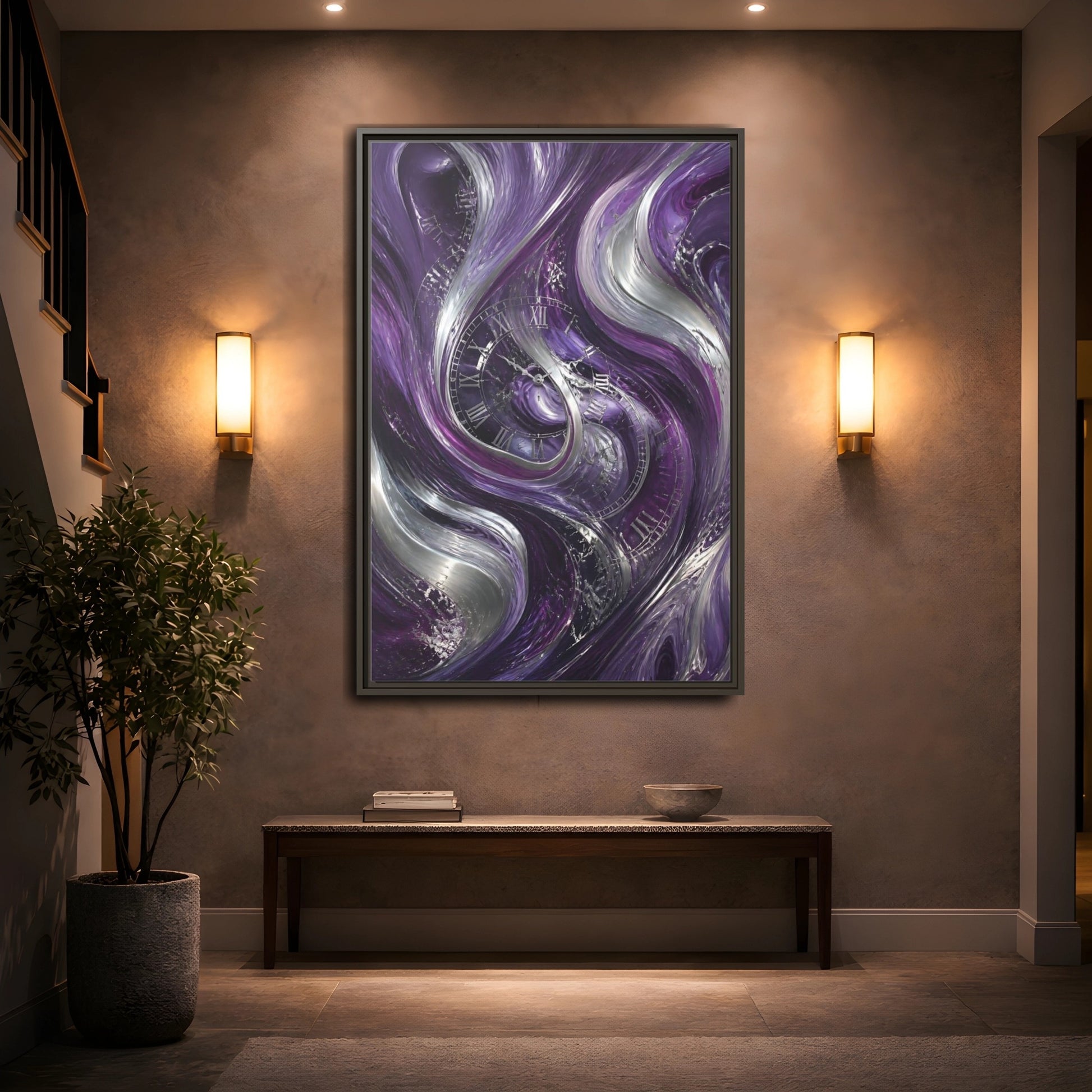 Mockup 2. Abstract Abstract Swirls Purple And Silver shown as stretched canvas wall art