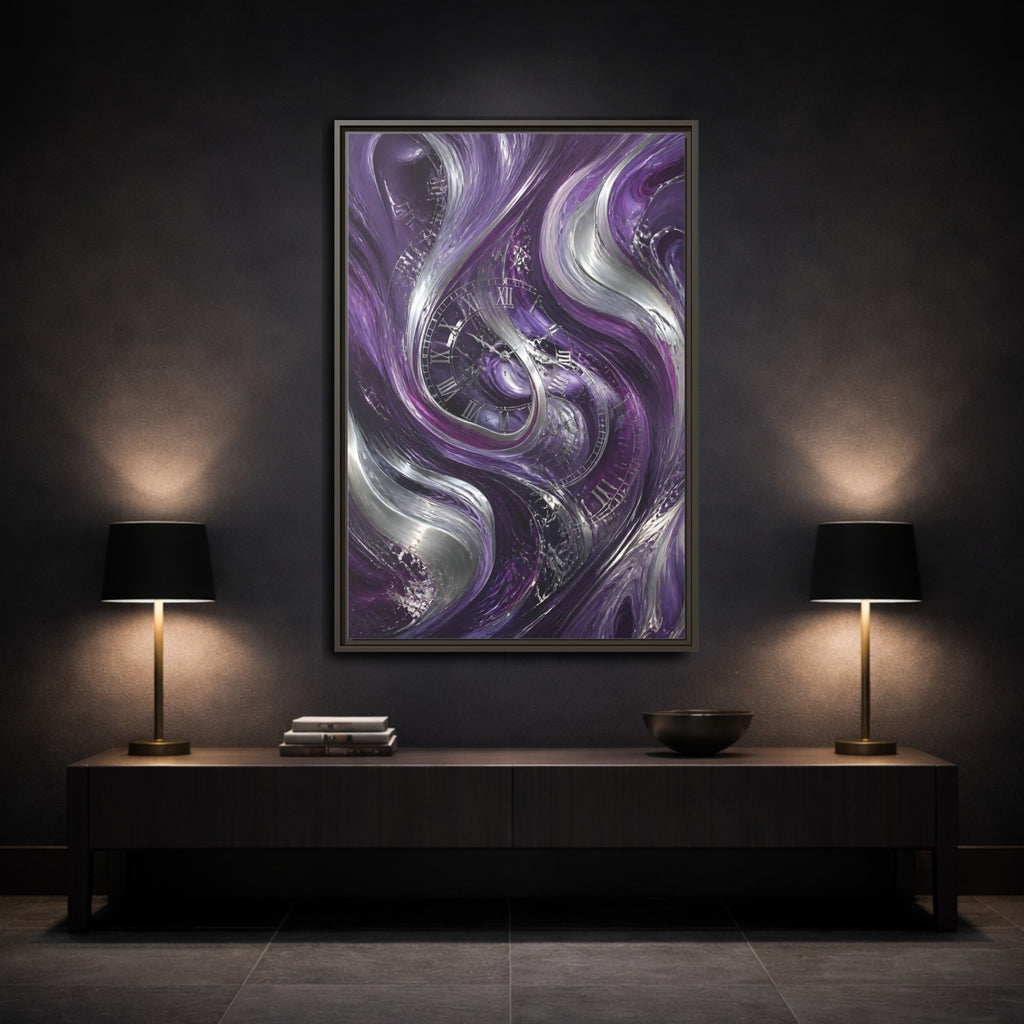 Mockup 3. Abstract Abstract Swirls Purple And Silver shown as stretched canvas wall art