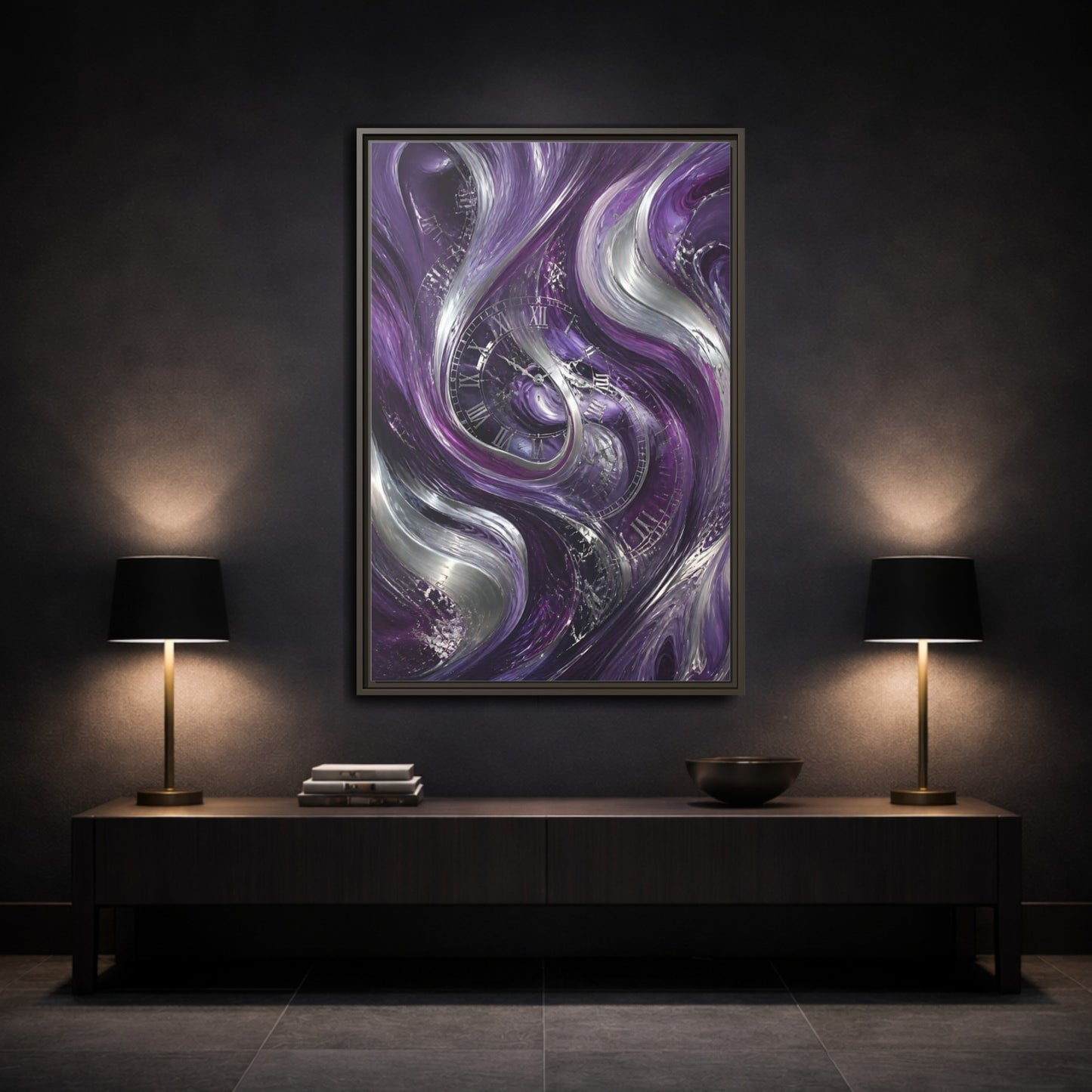 Mockup 3. Abstract Abstract Swirls Purple And Silver shown as stretched canvas wall art