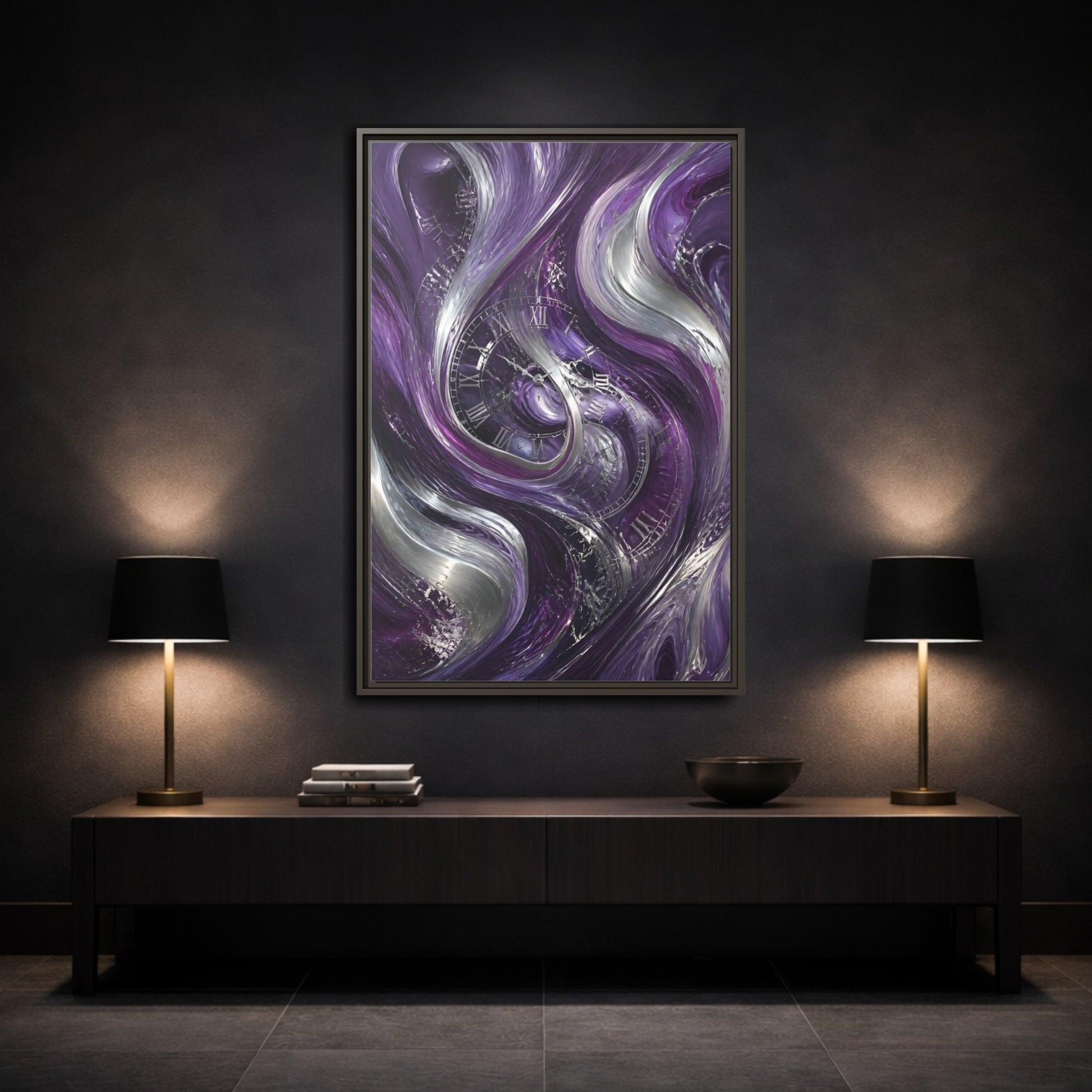 Mockup 3. Abstract Abstract Swirls Purple And Silver shown as stretched canvas wall art