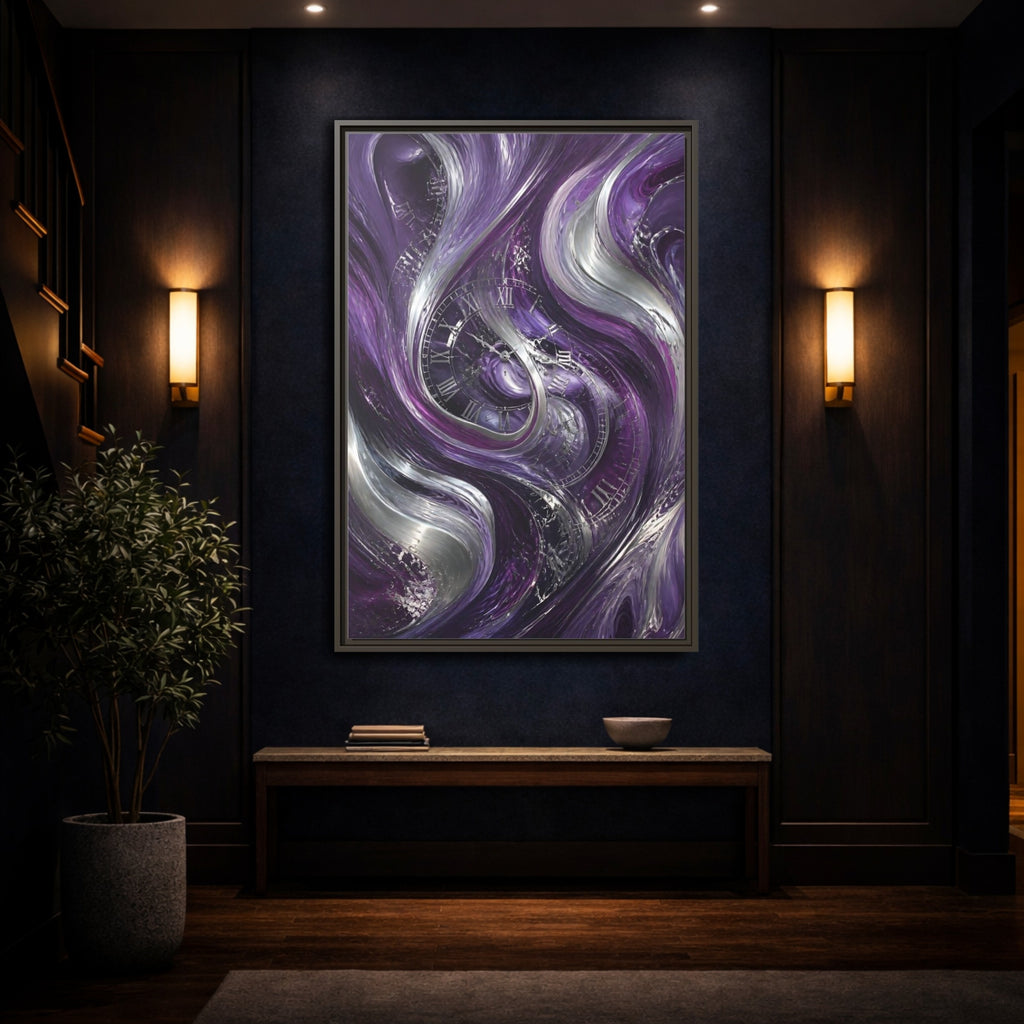 Mockup 4. Abstract Abstract Swirls Purple And Silver shown as stretched canvas wall art