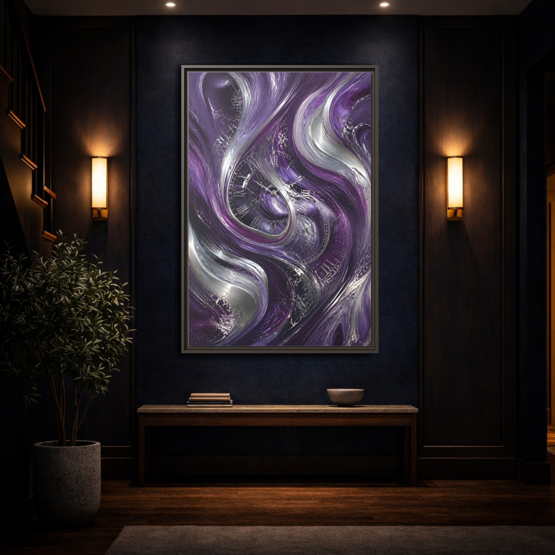 Mockup 4. Abstract Abstract Swirls Purple And Silver shown as stretched canvas wall art