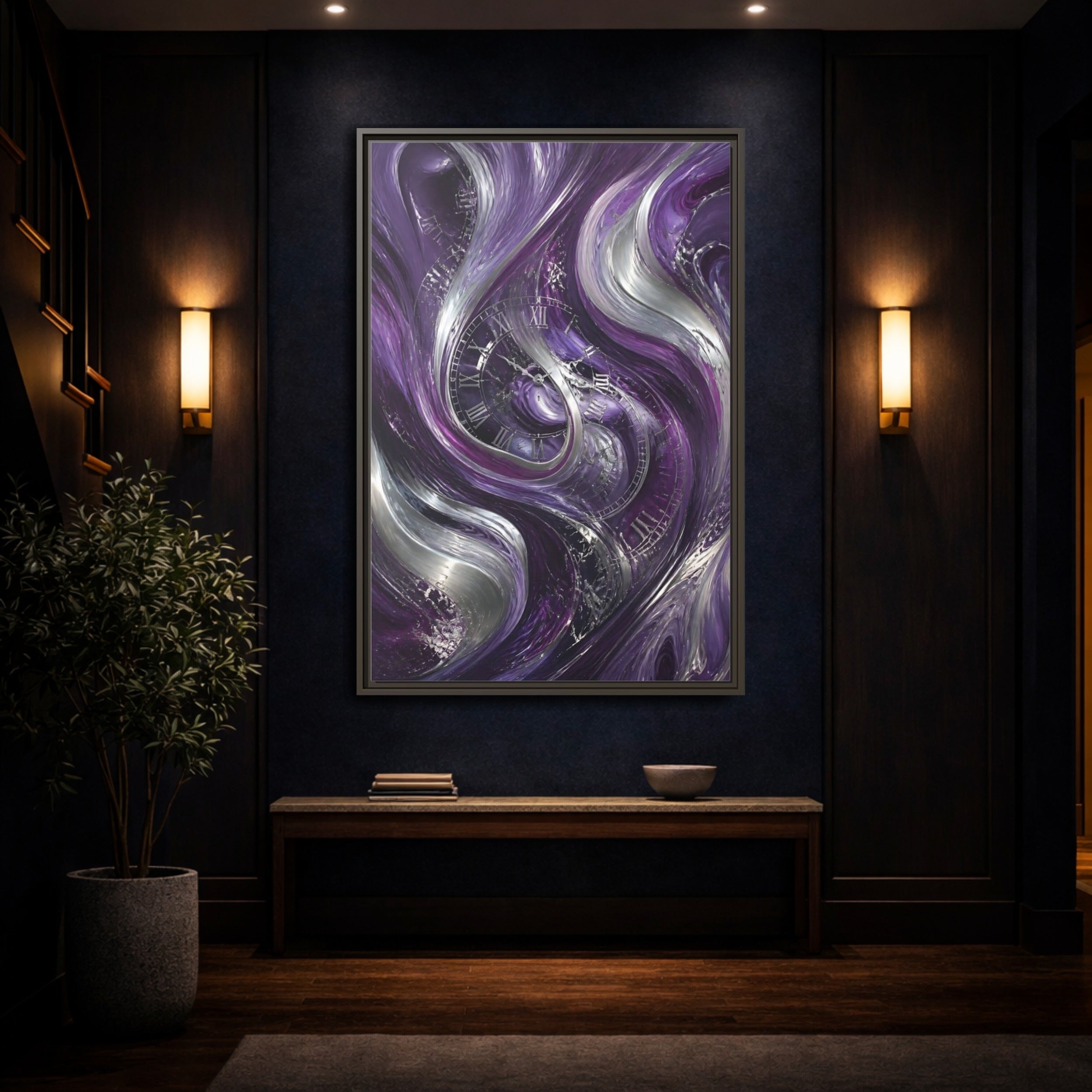Mockup 4. Abstract Abstract Swirls Purple And Silver shown as stretched canvas wall art