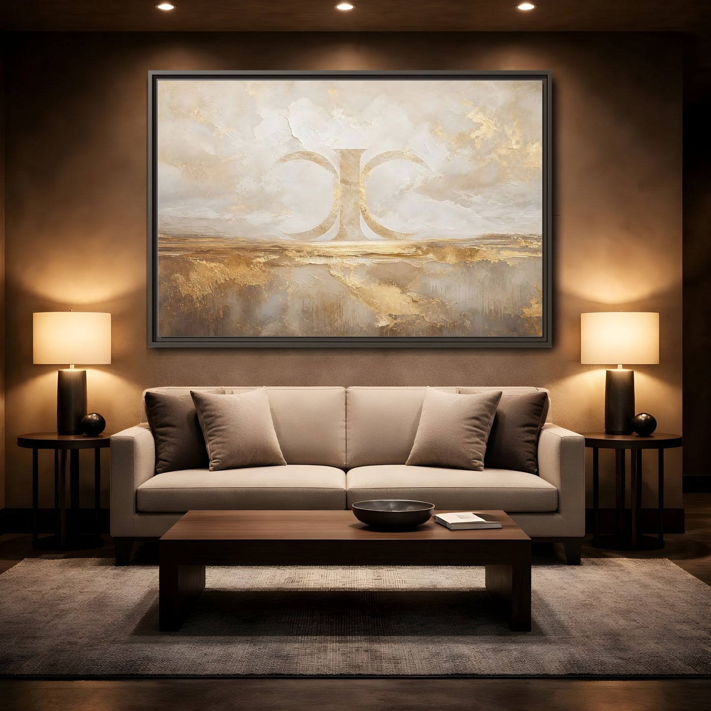 Mockup 2. Abstract Abstract Symbol Gold And Cream Abstract shown as stretched canvas wall art