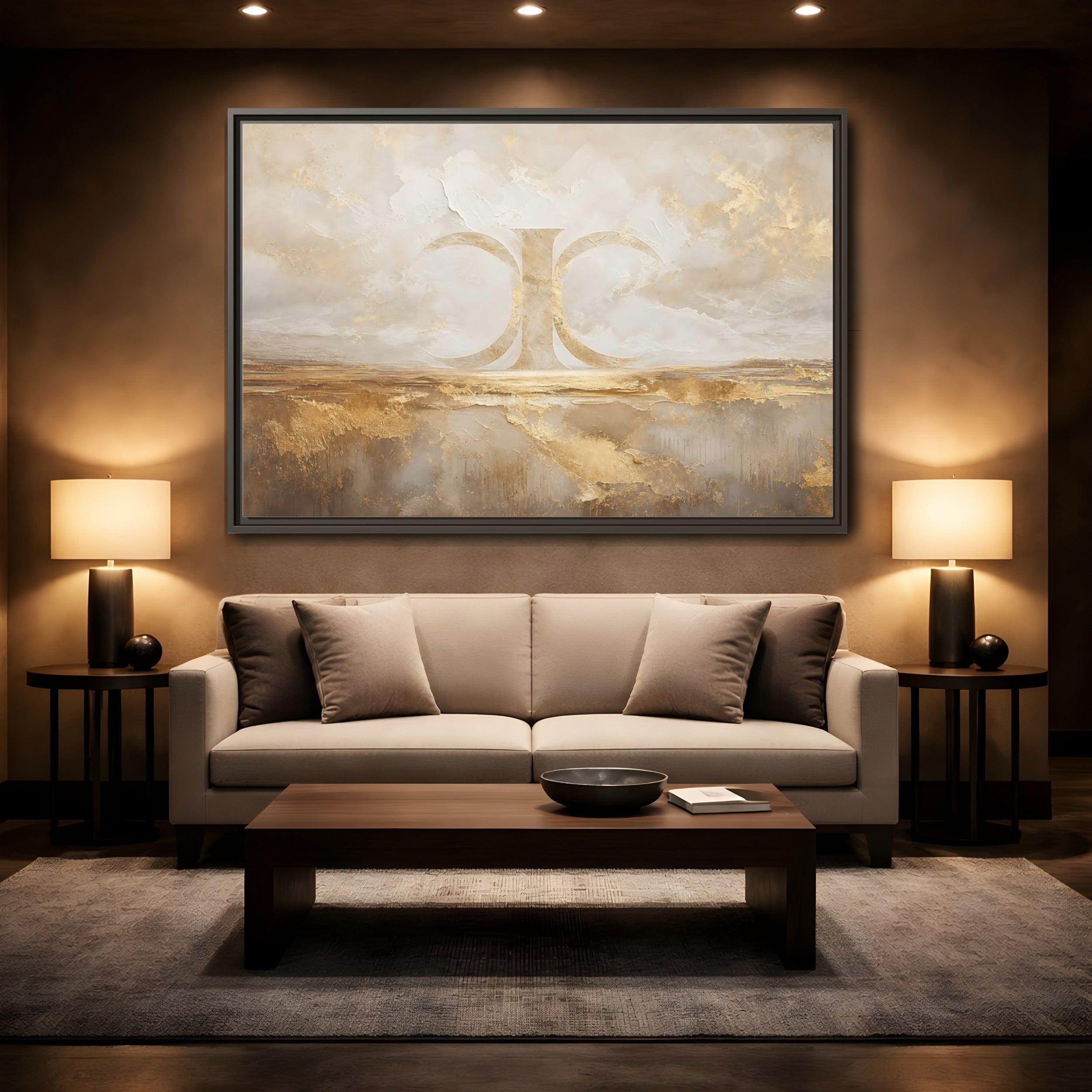 Mockup 2. Abstract Abstract Symbol Gold And Cream Abstract shown as stretched canvas wall art