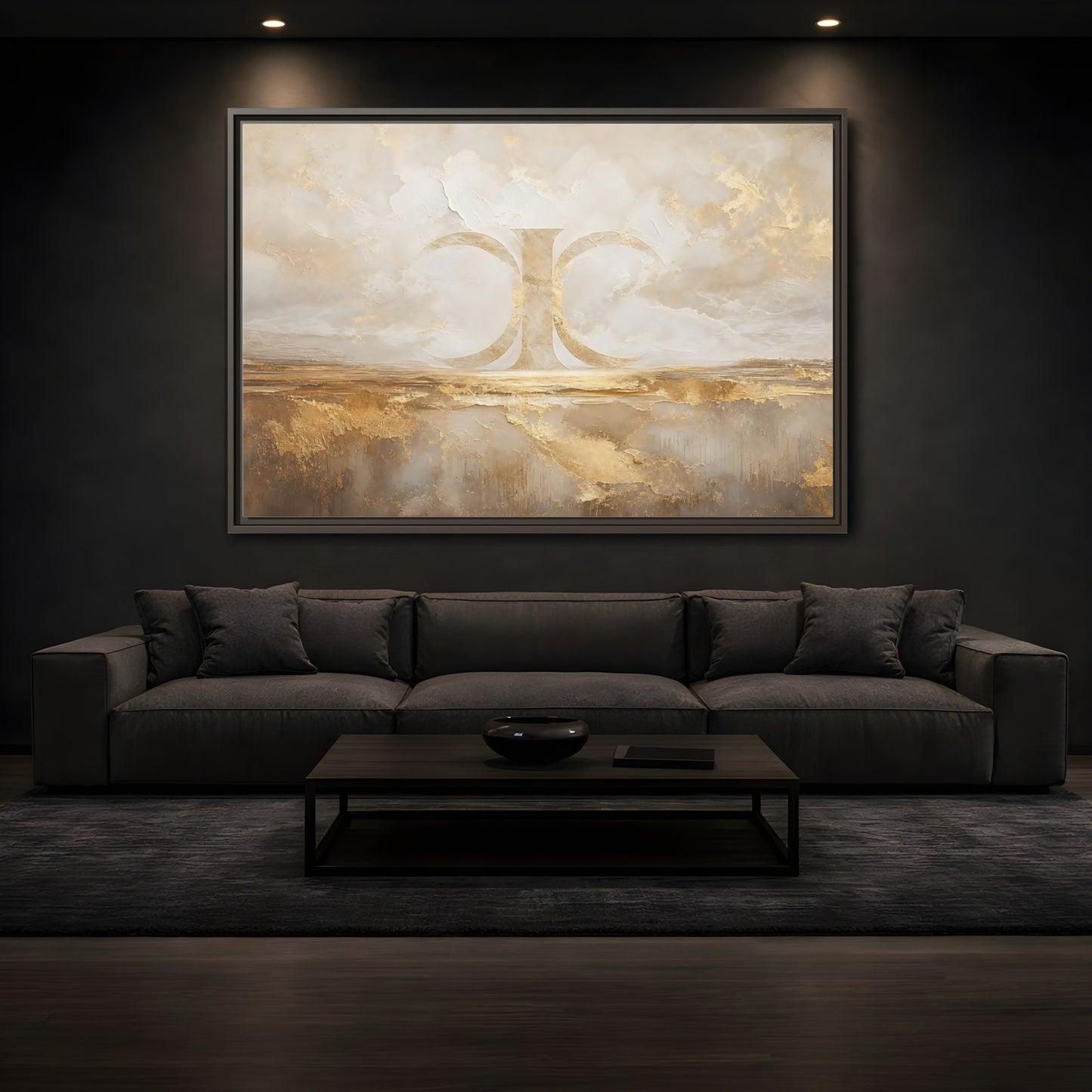 Mockup 3. Abstract Abstract Symbol Gold And Cream Abstract shown as stretched canvas wall art