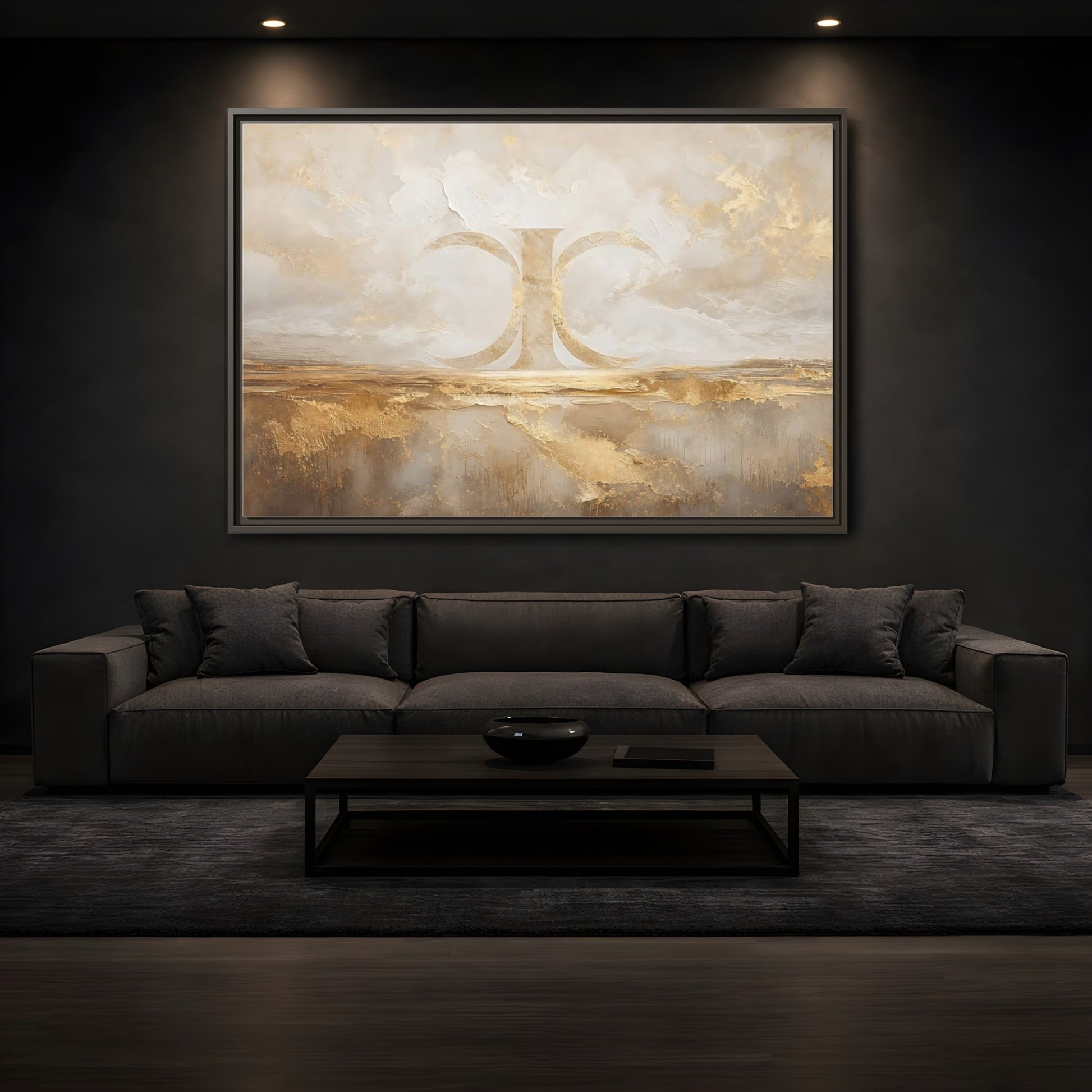 Mockup 3. Abstract Abstract Symbol Gold And Cream Abstract shown as stretched canvas wall art