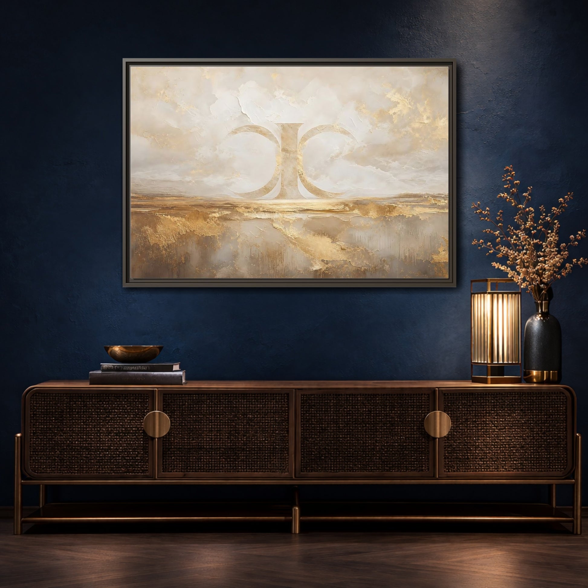 Mockup 4. Abstract Abstract Symbol Gold And Cream Abstract shown as stretched canvas wall art