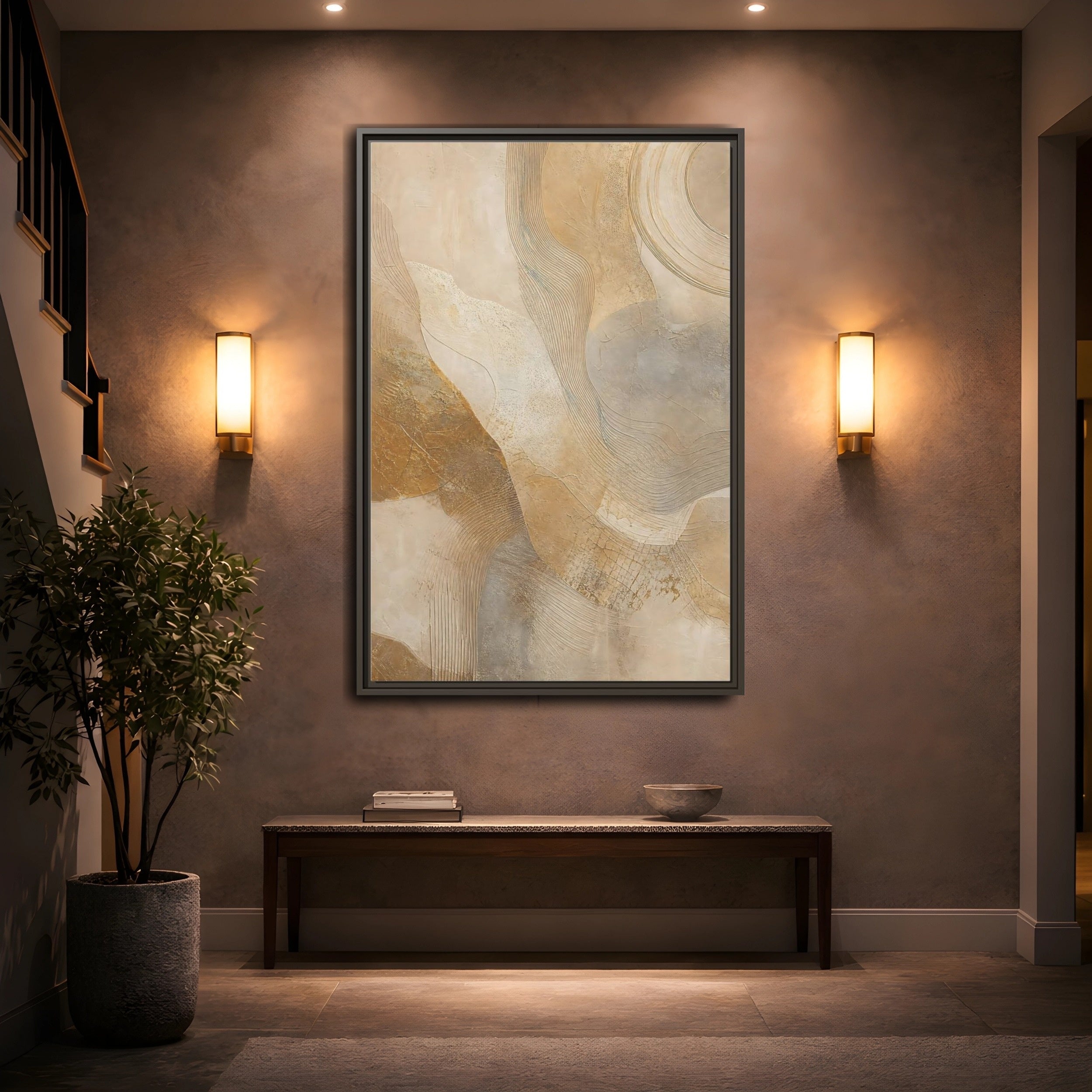 Mockup 2. Abstract Abstract Texture Beige And Gold shown as stretched canvas wall art