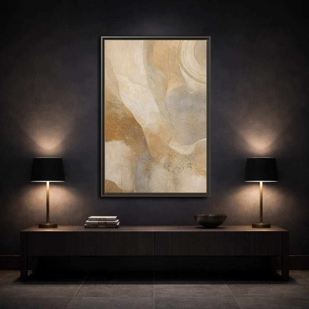 Mockup 3. Abstract Abstract Texture Beige And Gold shown as stretched canvas wall art