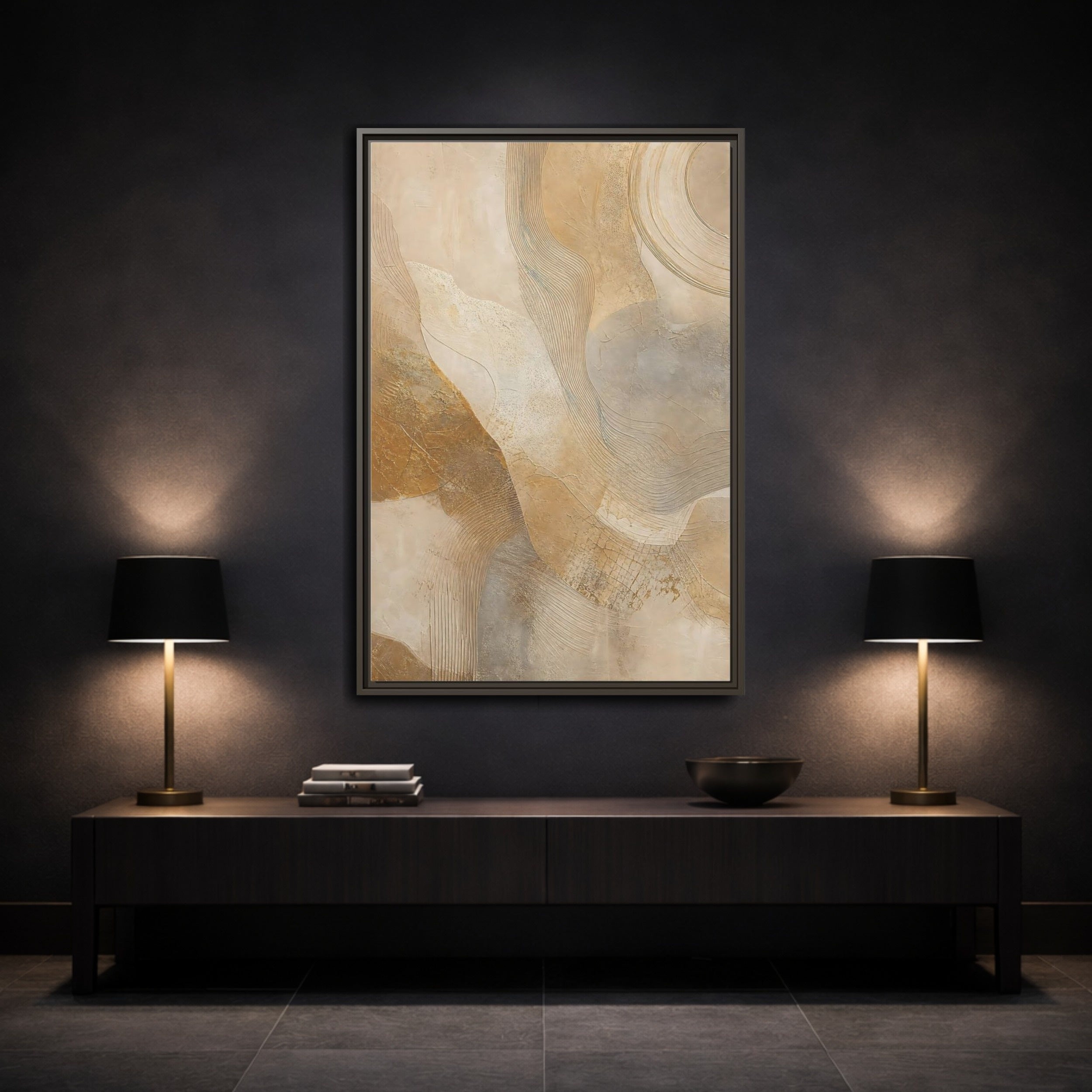 Mockup 3. Abstract Abstract Texture Beige And Gold shown as stretched canvas wall art