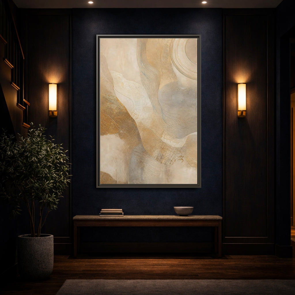 Mockup 4. Abstract Abstract Texture Beige And Gold shown as stretched canvas wall art