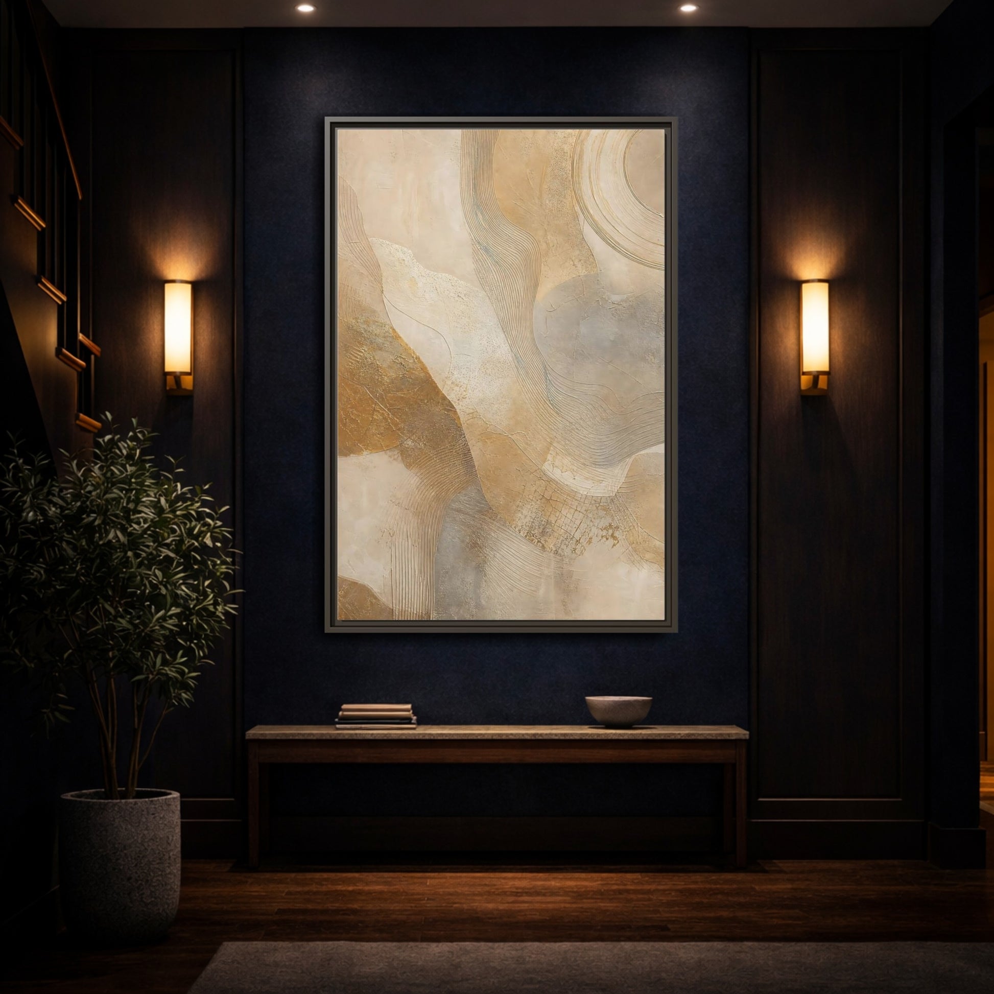 Mockup 4. Abstract Abstract Texture Beige And Gold shown as stretched canvas wall art
