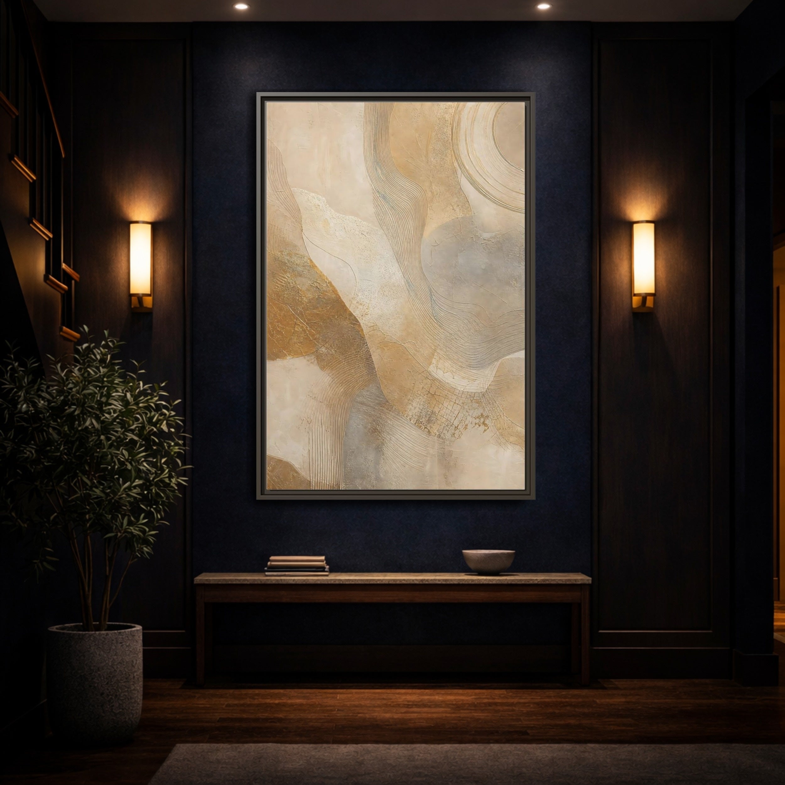 Mockup 4. Abstract Abstract Texture Beige And Gold shown as stretched canvas wall art