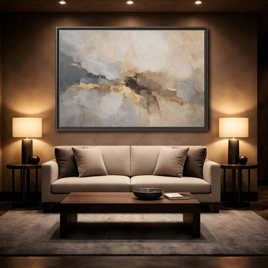 Mockup 2. Abstract Abstract Texture Gold And Gray Abstract shown as stretched canvas wall art