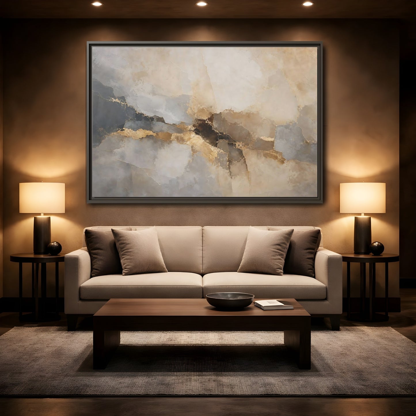 Mockup 2. Abstract Abstract Texture Gold And Gray Abstract shown as stretched canvas wall art