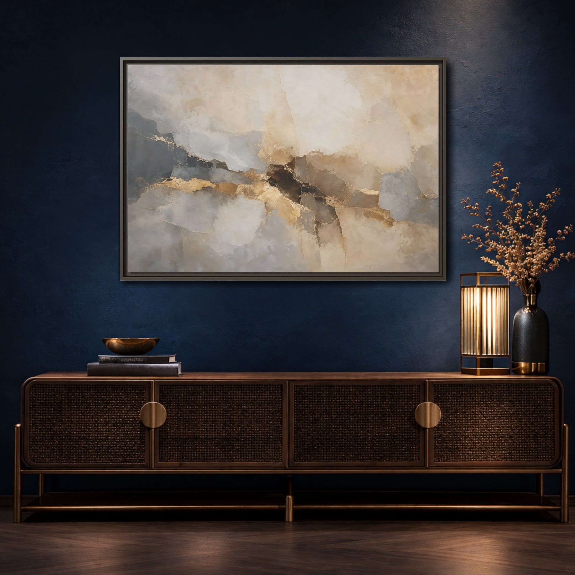 Mockup 4. Abstract Abstract Texture Gold And Gray Abstract shown as stretched canvas wall art