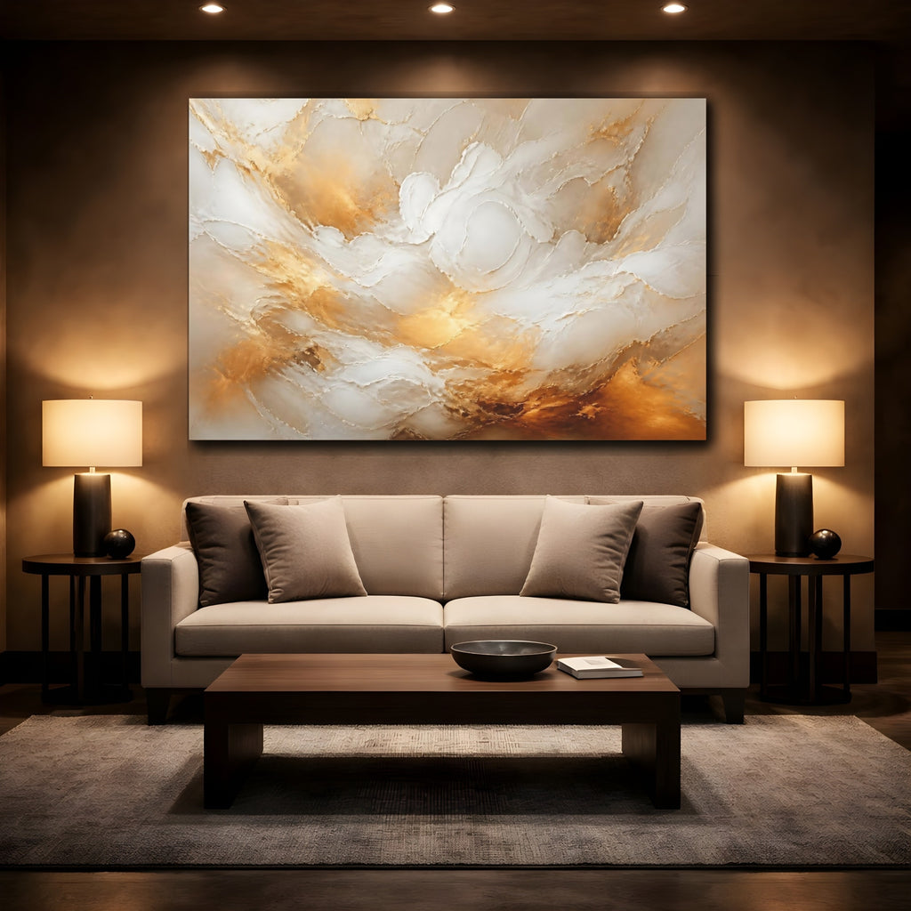 Mockup 2. Abstract Abstract Texture Gold And White shown as stretched canvas wall art