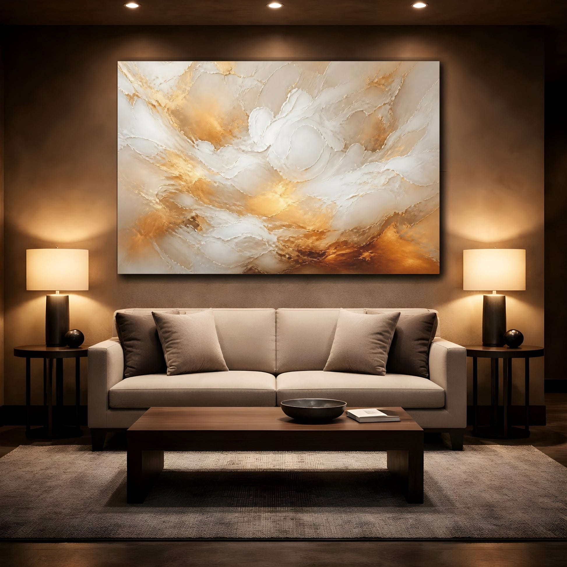 Mockup 2. Abstract Abstract Texture Gold And White shown as stretched canvas wall art