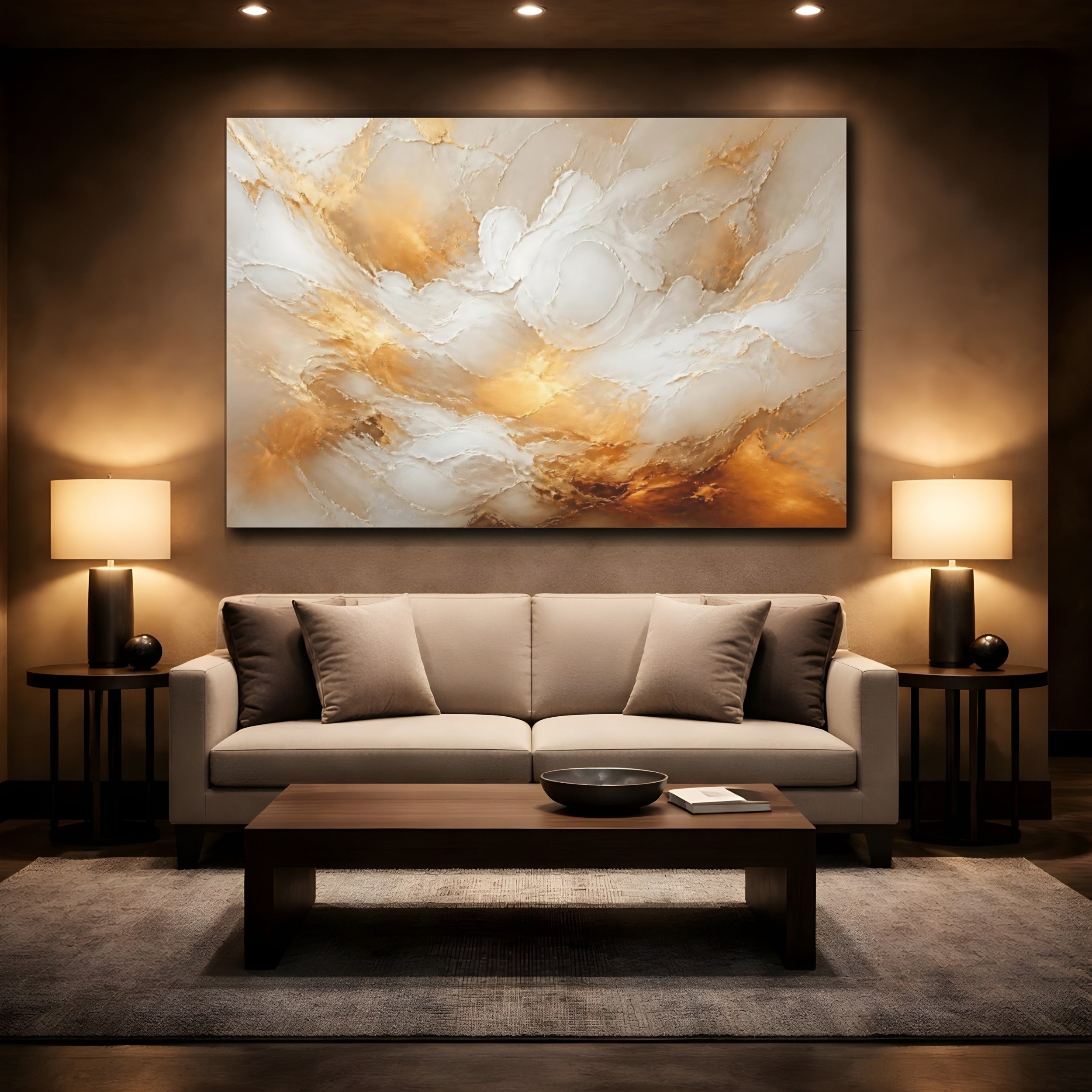 Mockup 2. Abstract Abstract Texture Gold And White shown as stretched canvas wall art