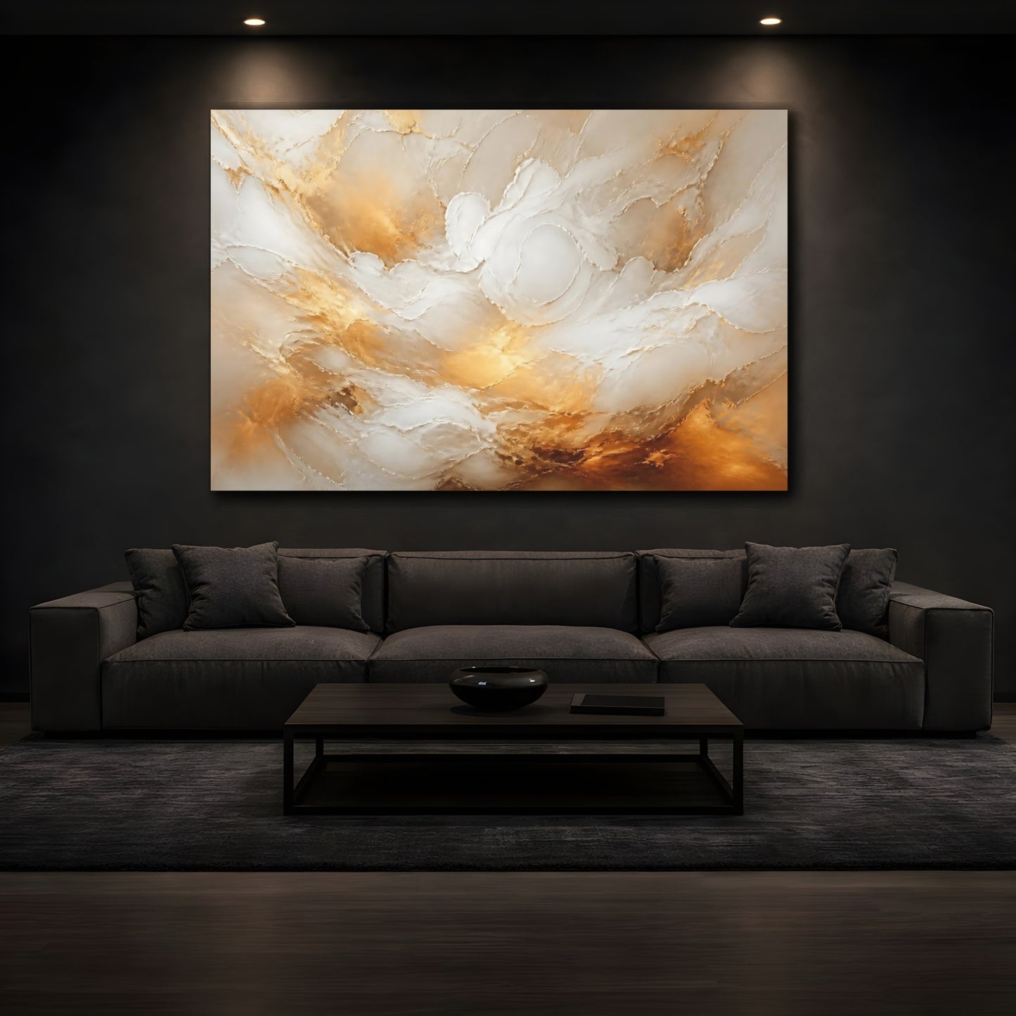 Mockup 3. Abstract Abstract Texture Gold And White shown as stretched canvas wall art