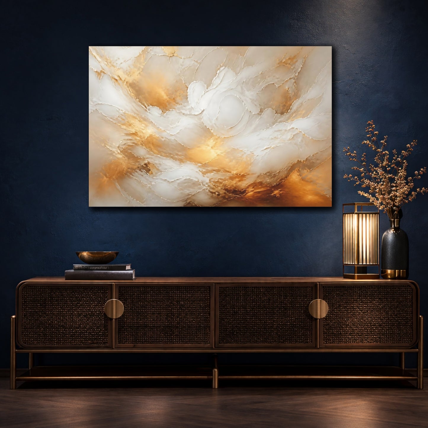 Mockup 4. Abstract Abstract Texture Gold And White shown as stretched canvas wall art