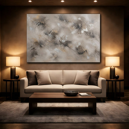 Mockup 2. Abstract Abstract Texture Neutral Gold Silver shown as stretched canvas wall art