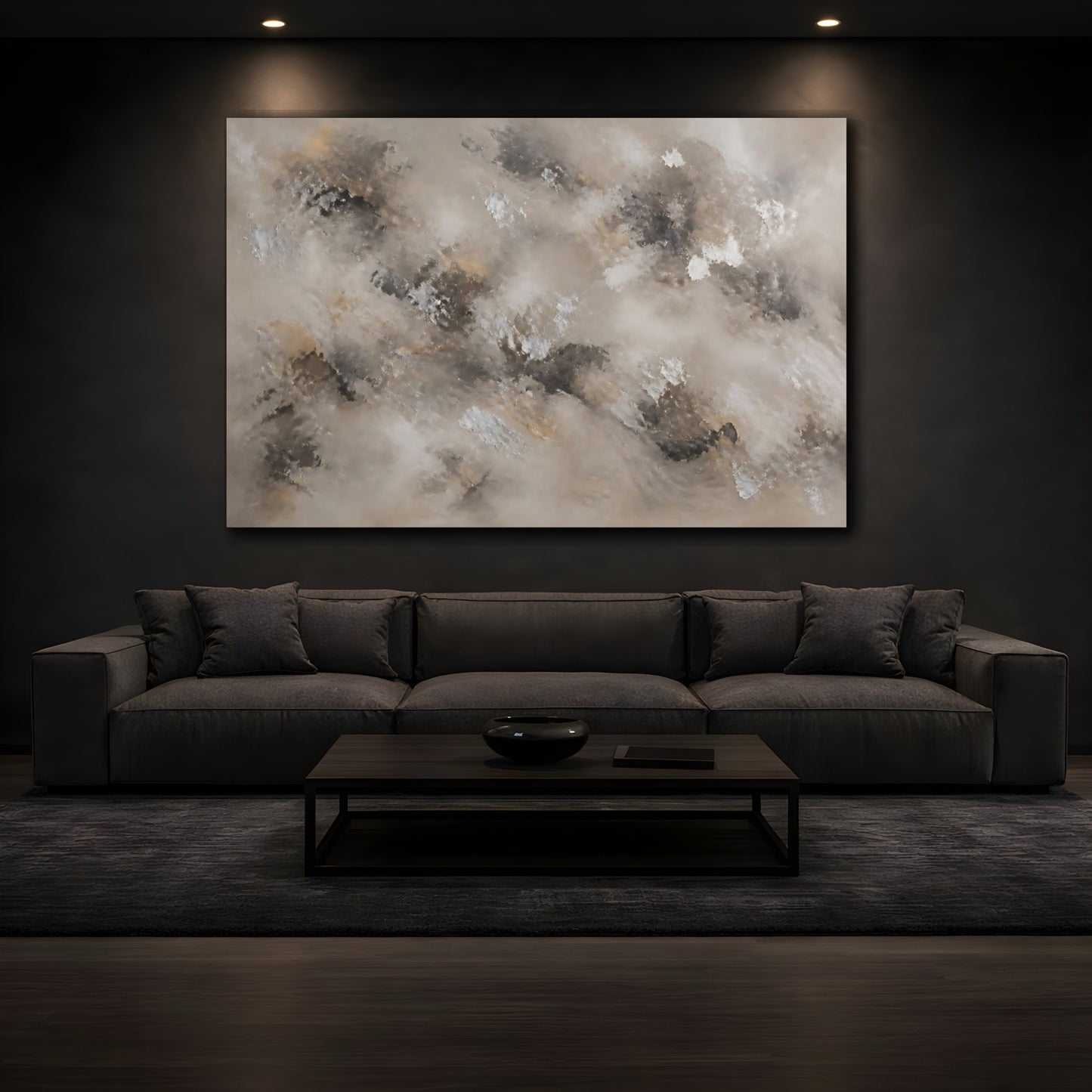 Mockup 3. Abstract Abstract Texture Neutral Gold Silver shown as stretched canvas wall art