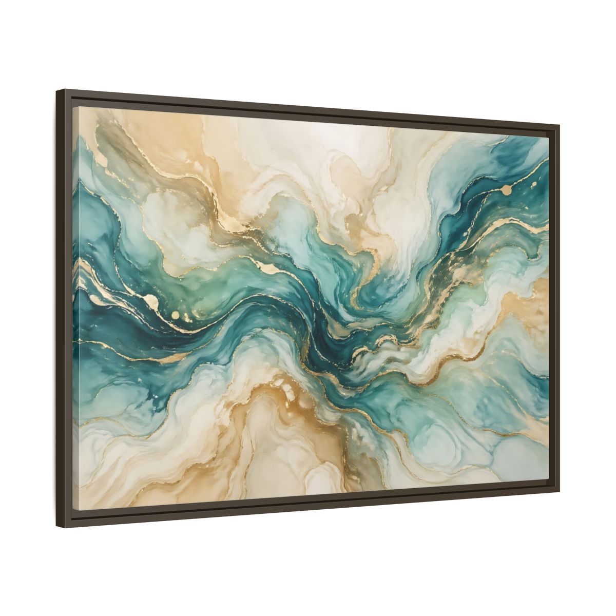 Main Mockup. Abstract Abstract Texture Teal Gold Abstract shown as stretched canvas wall art