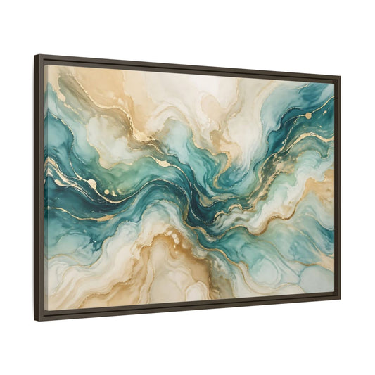 Main Mockup. Abstract Abstract Texture Teal Gold Abstract shown as stretched canvas wall art