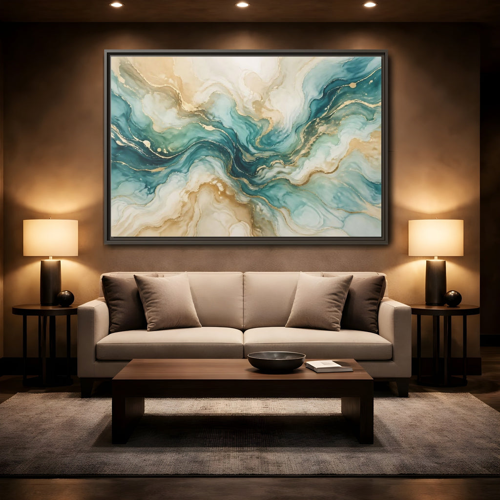 Mockup 2. Abstract Abstract Texture Teal Gold Abstract shown as stretched canvas wall art