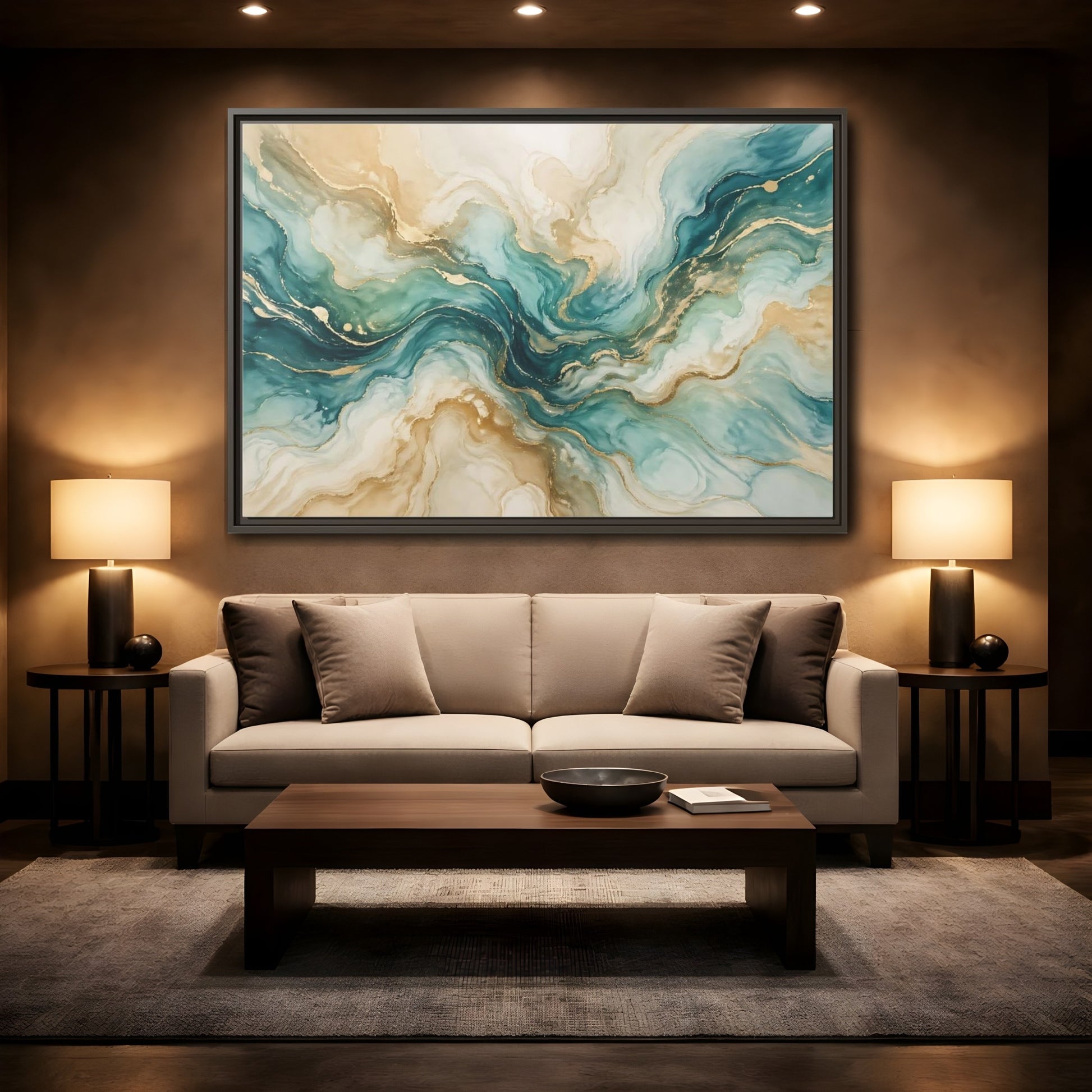 Mockup 2. Abstract Abstract Texture Teal Gold Abstract shown as stretched canvas wall art