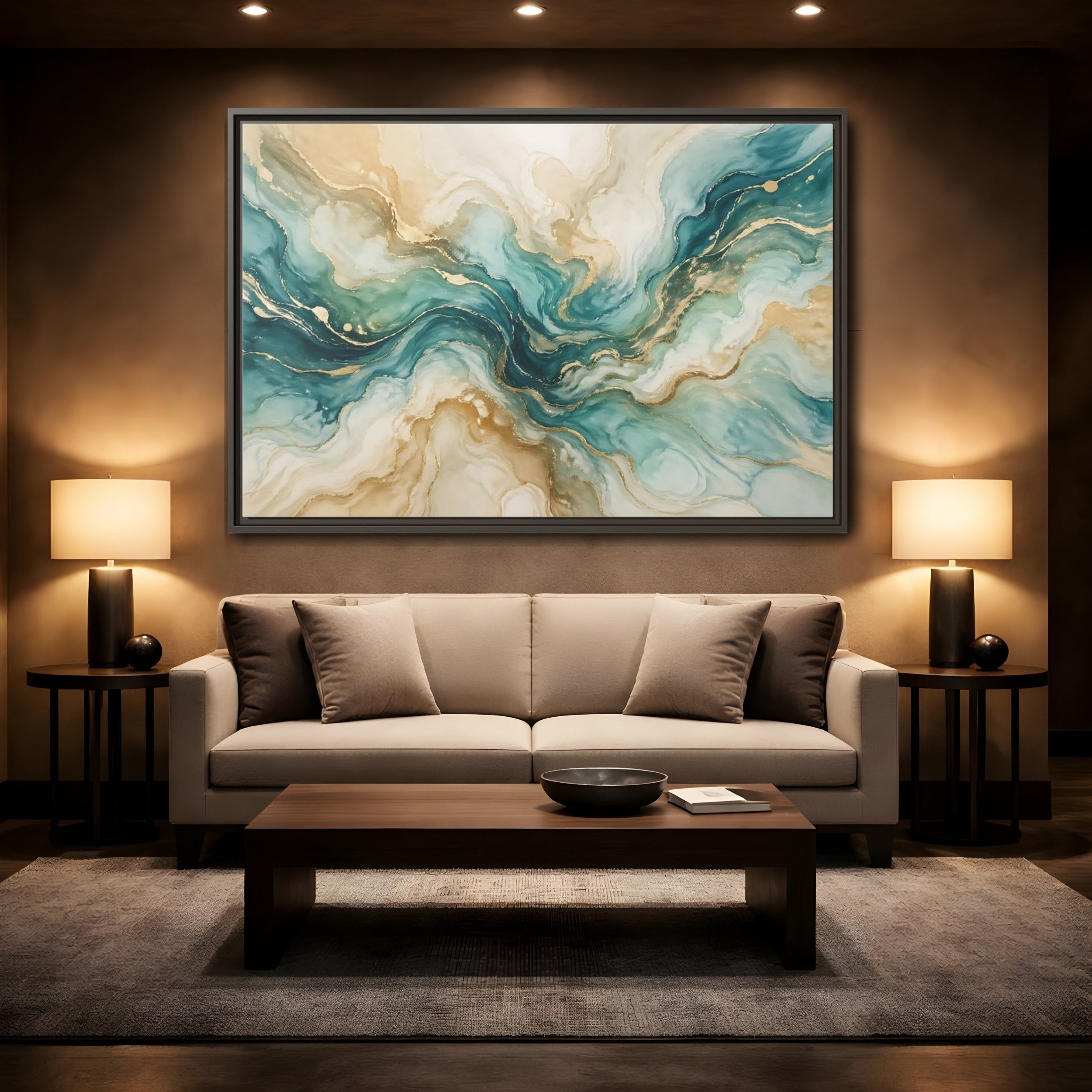 Mockup 2. Abstract Abstract Texture Teal Gold Abstract shown as stretched canvas wall art