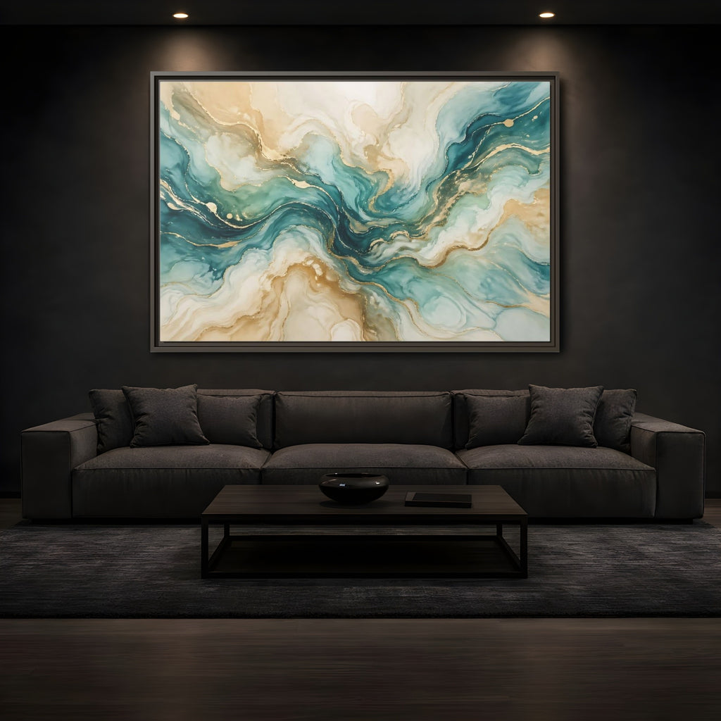 Mockup 3. Abstract Abstract Texture Teal Gold Abstract shown as stretched canvas wall art