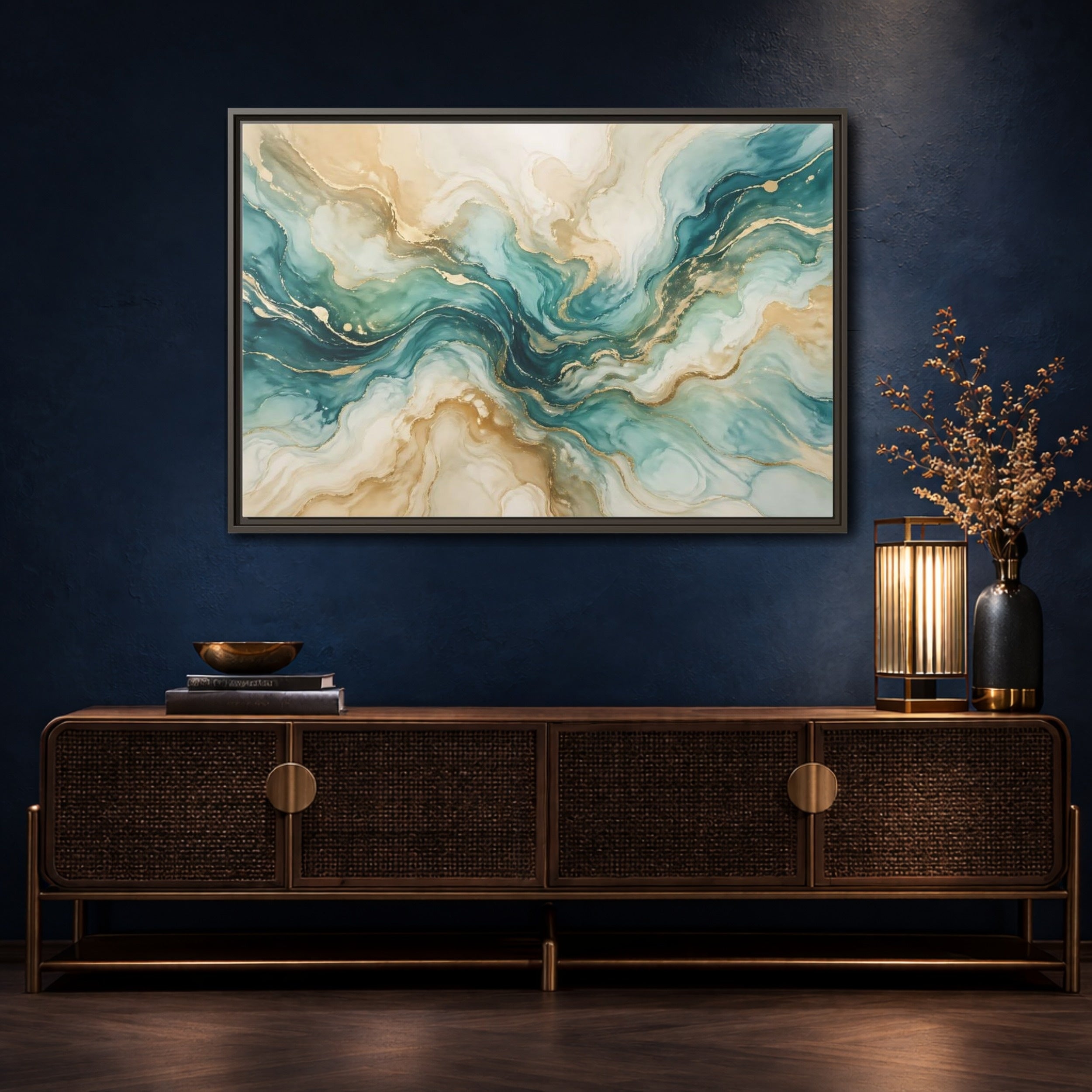 Mockup 4. Abstract Abstract Texture Teal Gold Abstract shown as stretched canvas wall art