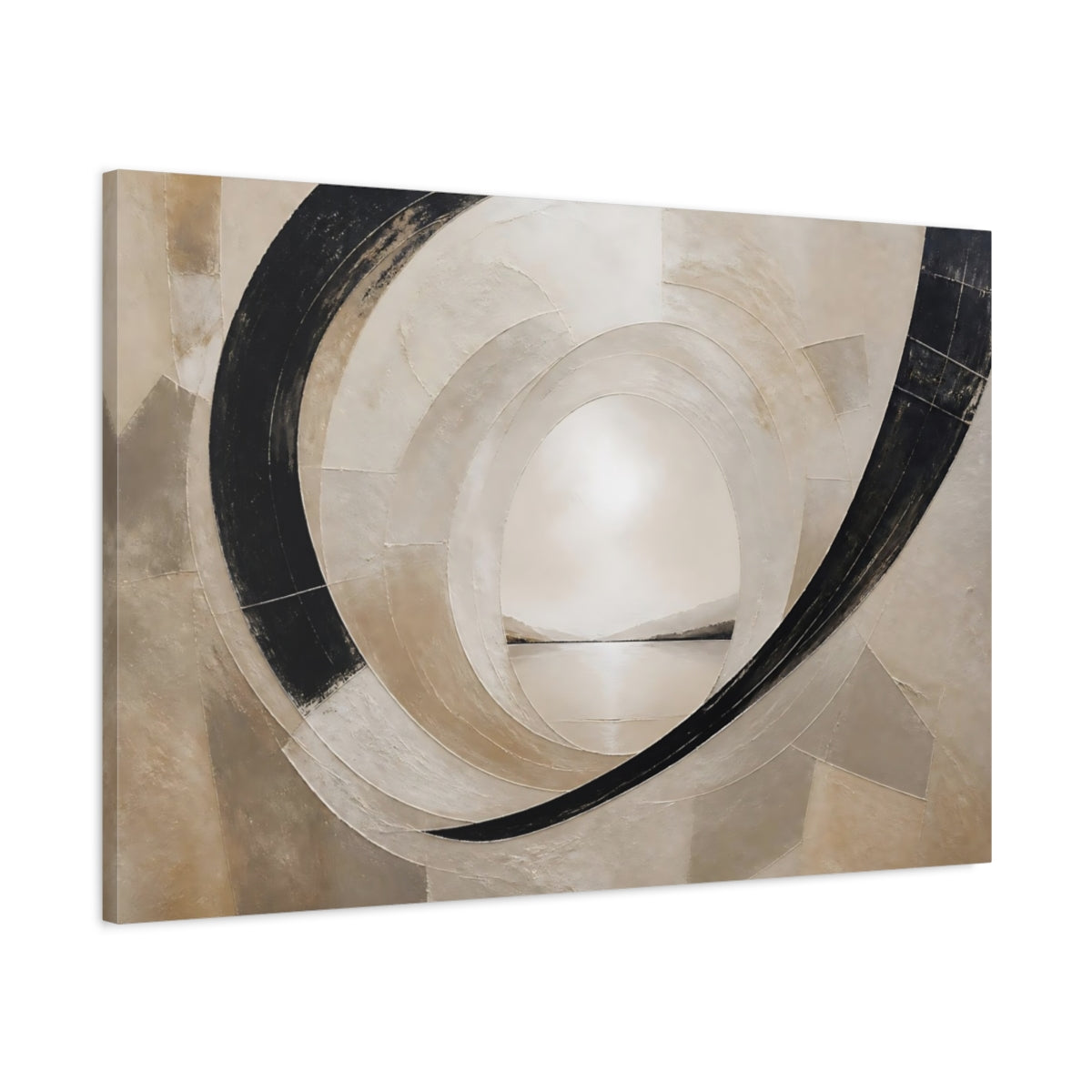 Main Mockup. Abstract Abstract Tunnel Black And Beige shown as stretched canvas wall art