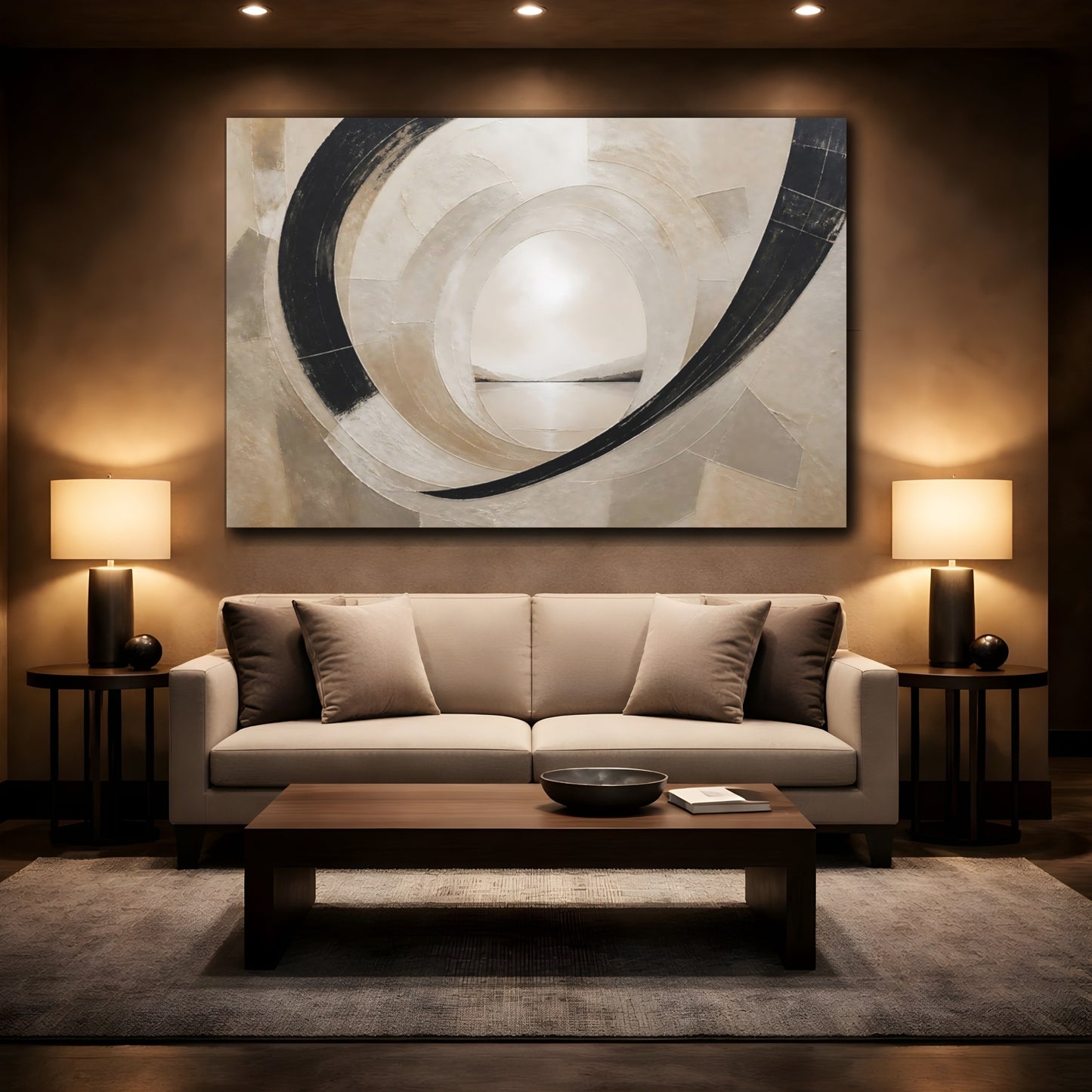 Mockup 2. Abstract Abstract Tunnel Black And Beige shown as stretched canvas wall art
