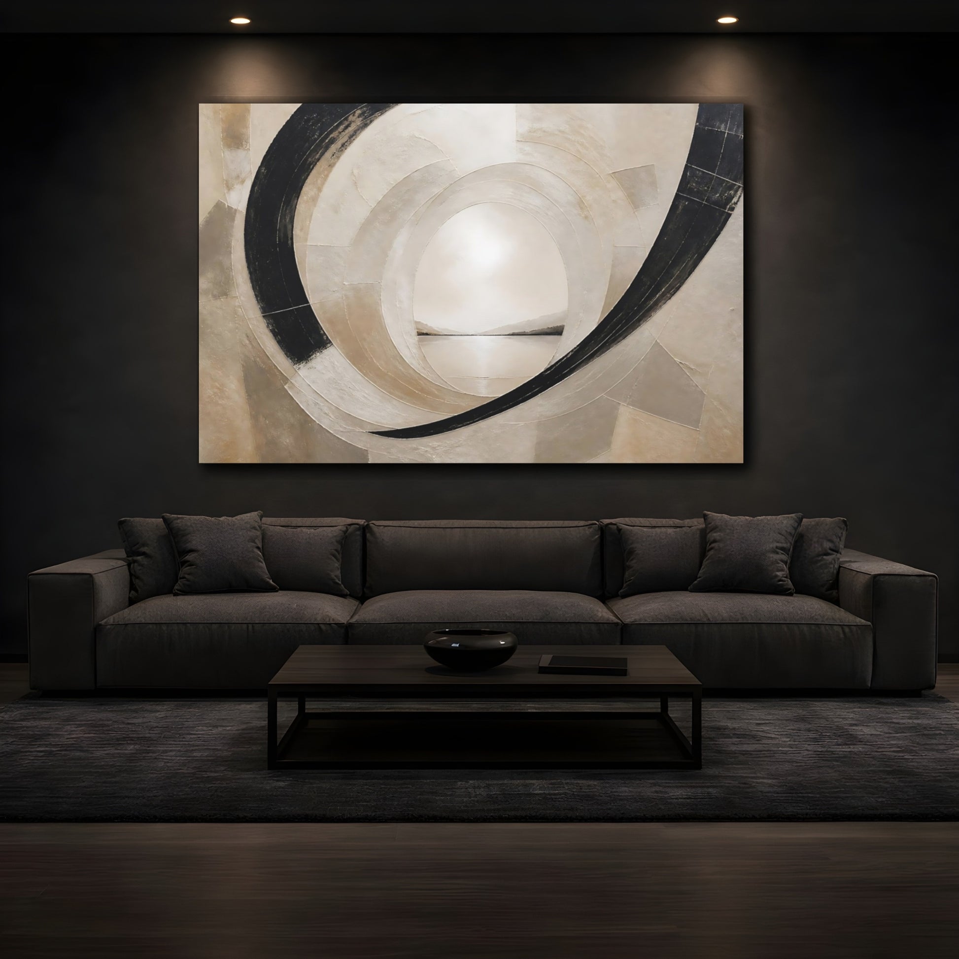 Mockup 3. Abstract Abstract Tunnel Black And Beige shown as stretched canvas wall art