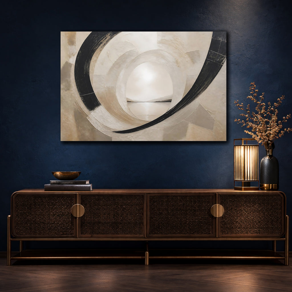 Mockup 4. Abstract Abstract Tunnel Black And Beige shown as stretched canvas wall art