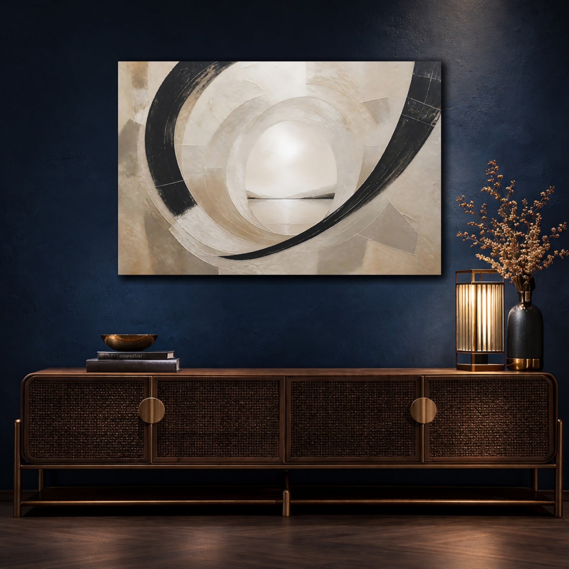 Mockup 4. Abstract Abstract Tunnel Black And Beige shown as stretched canvas wall art