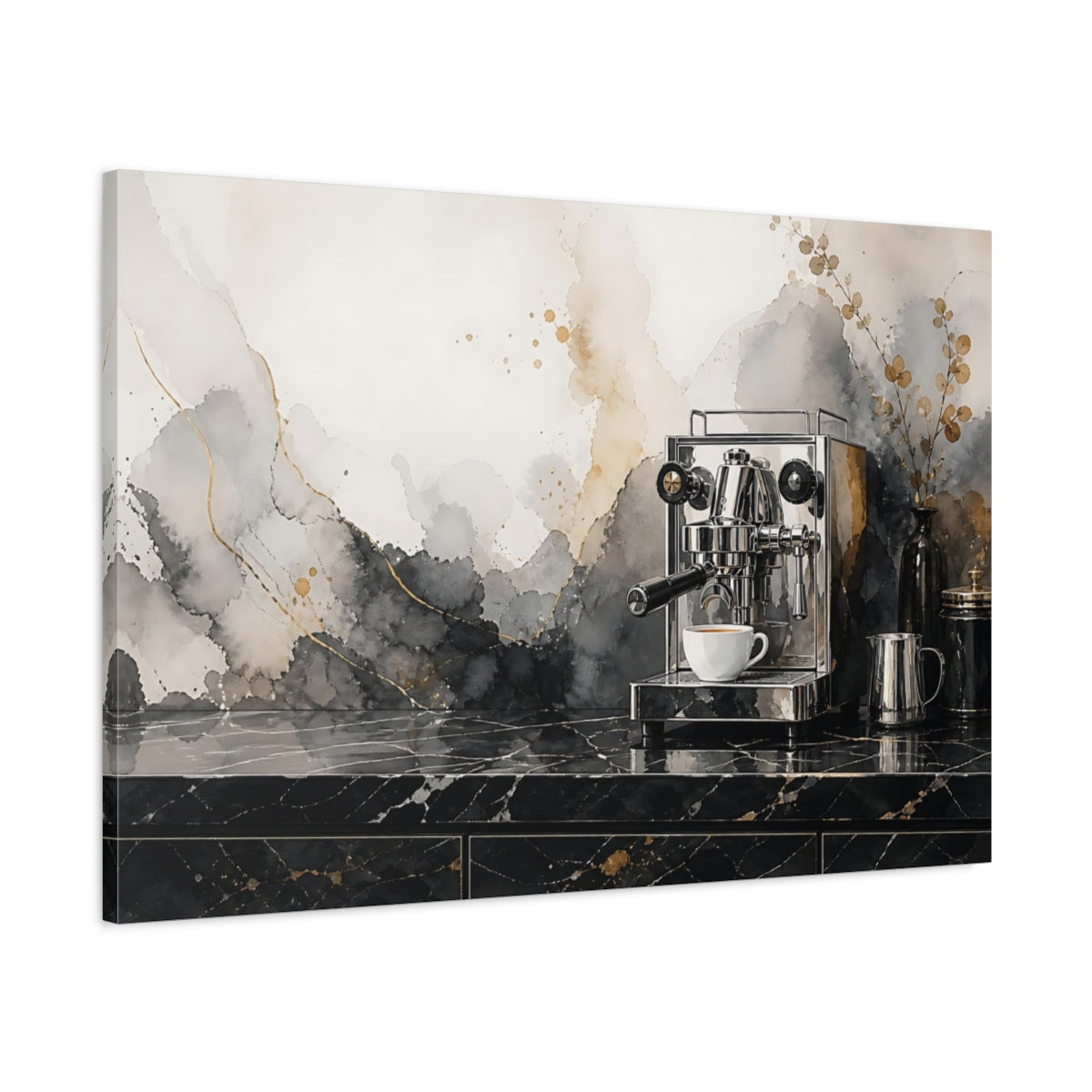 Main Mockup. Abstract Abstract Watercolor Black And Gold Abstract shown as stretched canvas wall art